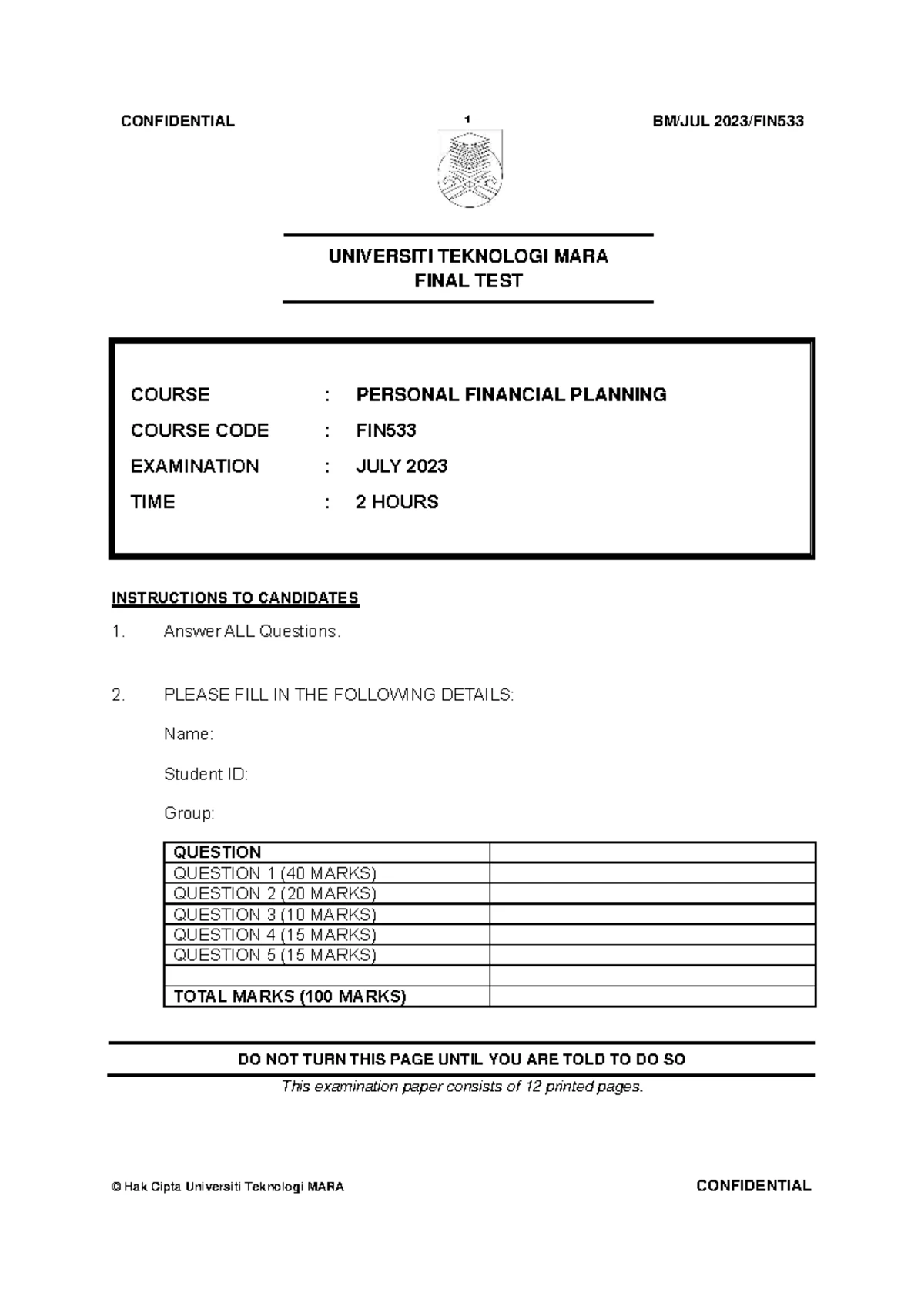 Final Exam FIN533 Personal Financial Planning July 2023 - Studocu