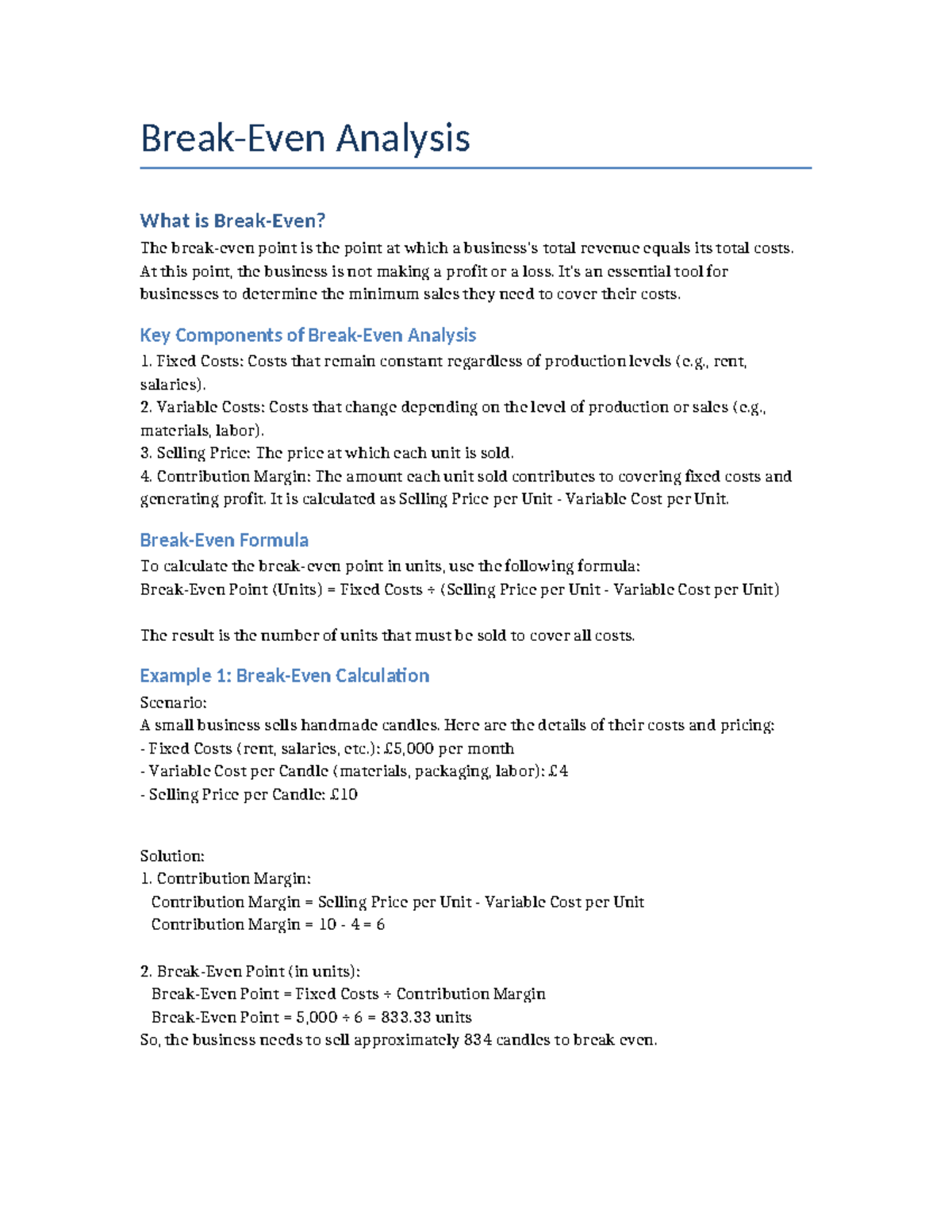 Break-Even Analysis: Detailed Examples and Calculations Explained - Studocu