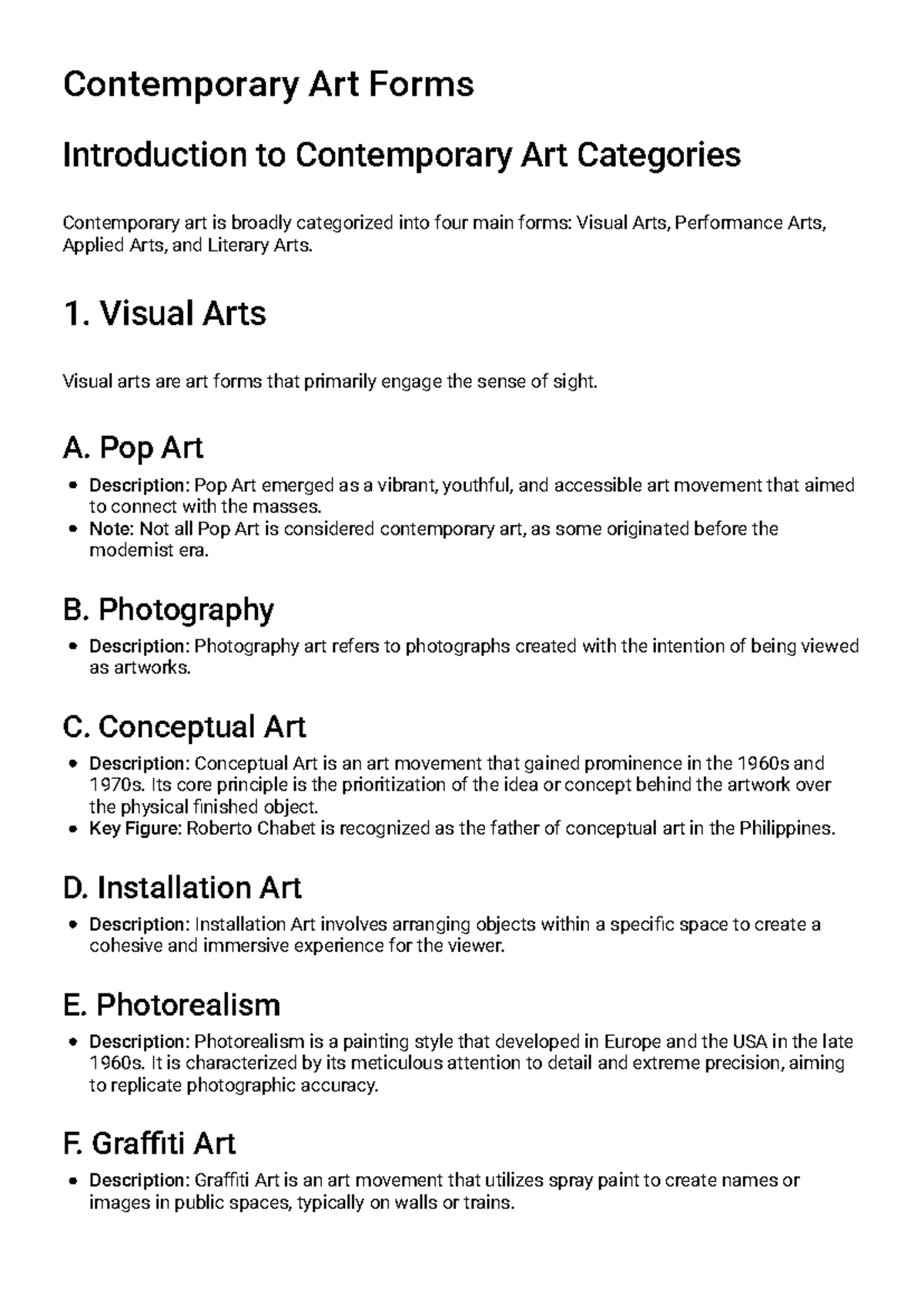Categories of Contemporary Art Forms - Study Guide (ART101) - Studocu