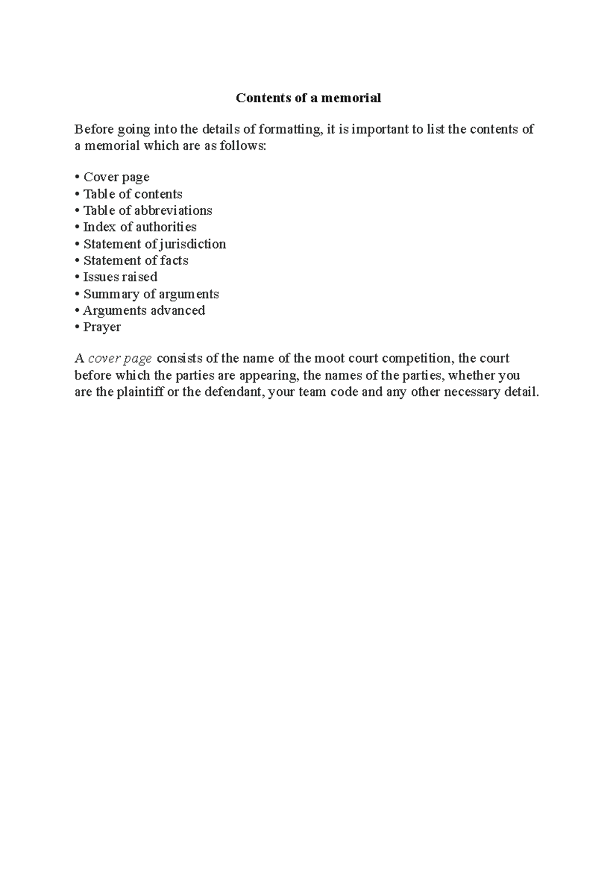 Contents and Formatting Guidelines for a Memorial - Studocu