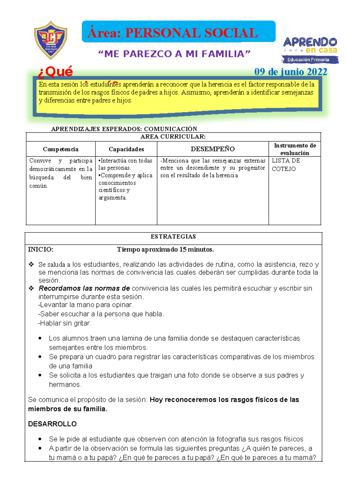 09 de Junio - Sesión de Aprendizaje en Personal Social - Studocu