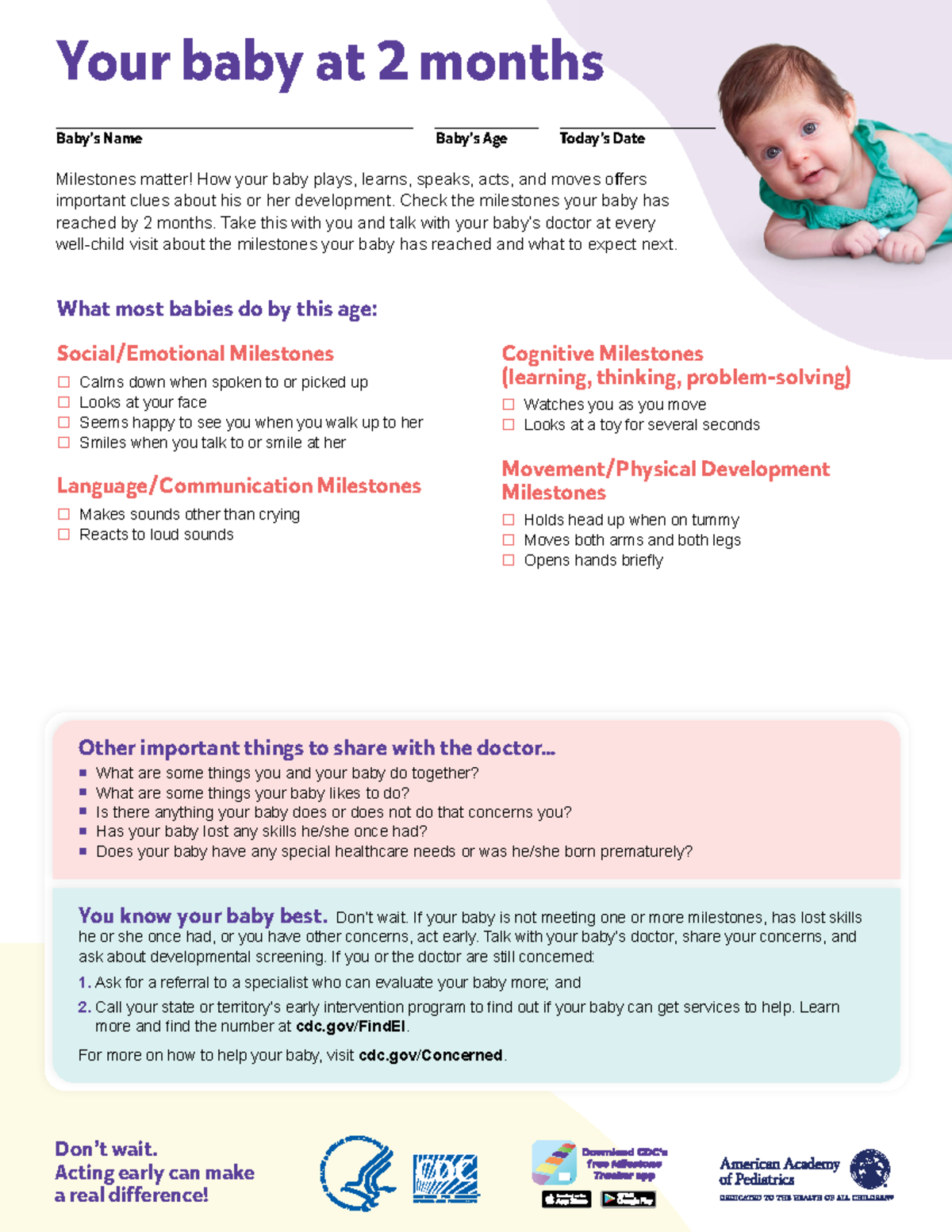 Milestone Moments Checklist - Your baby at 2 months Baby’s Name Baby’s ...
