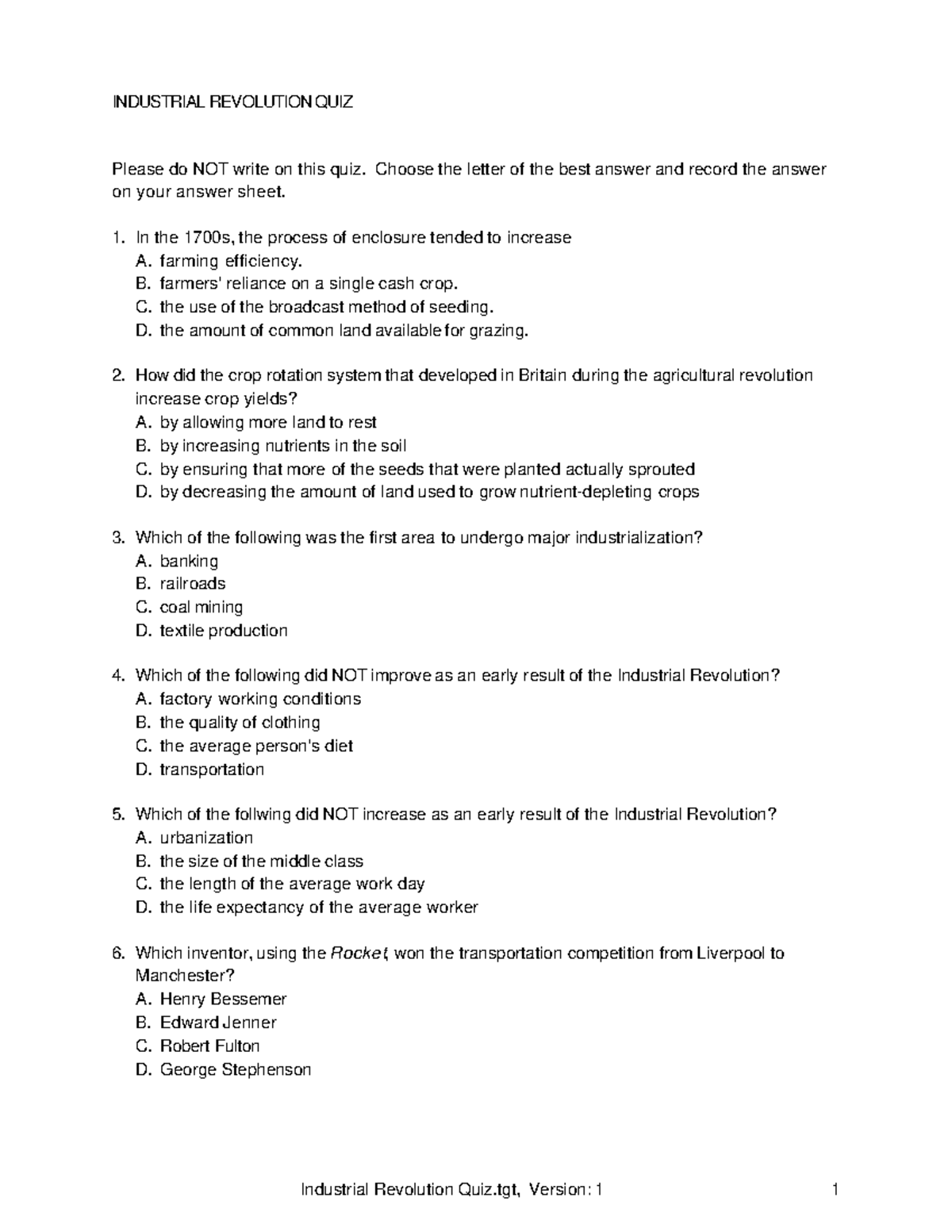 Industrial Revolution Quiz (Course Code: 06) - Test of Knowledge - Studocu