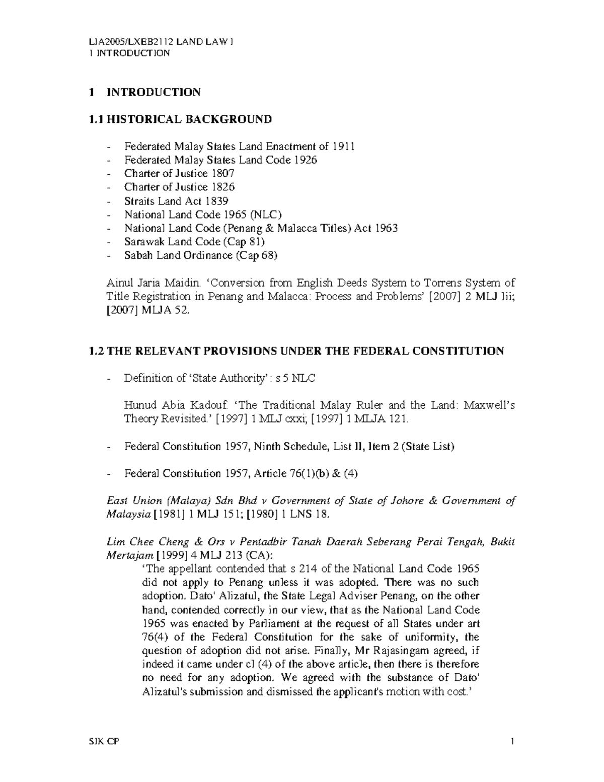 Land Law Overview - Lecture Notes (Course Code: 1) - Studocu
