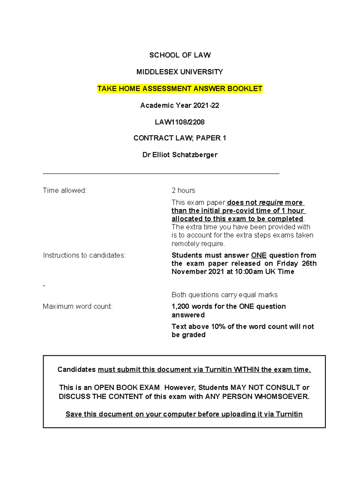LAW 1108 Take Home Exam Paper 1: Contract Law Analysis 2021-2022 - Studocu