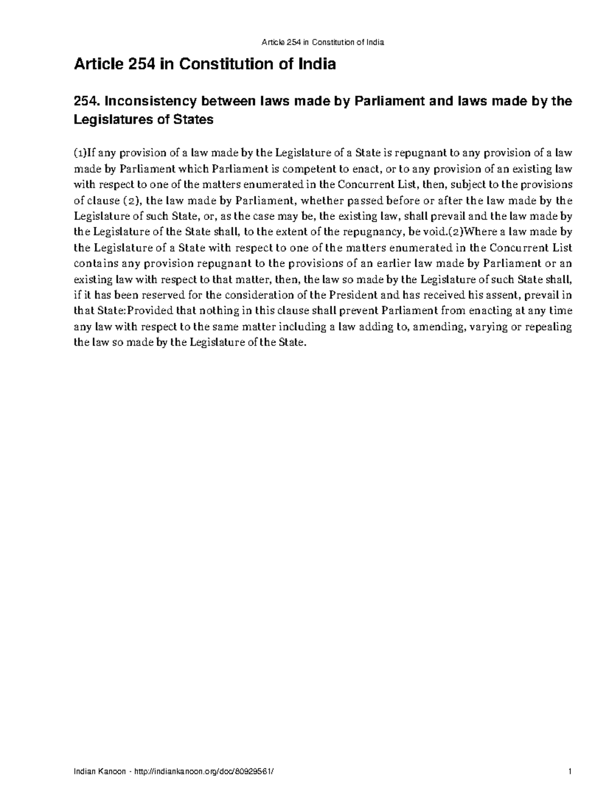 Article 254 in Constitution of India - Inconsistency between laws made ...