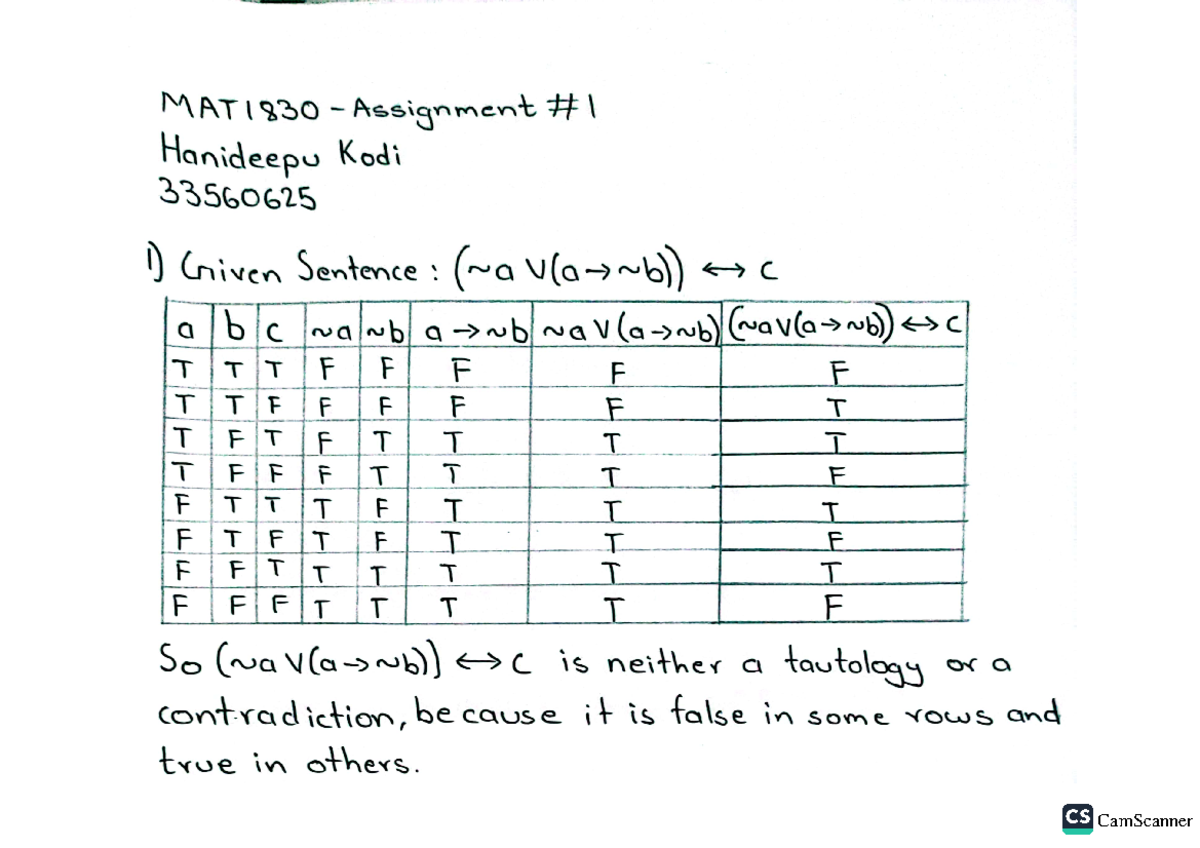 MAT1830 Assignment 1: Logical Sentences and Contradictions Analysis ...