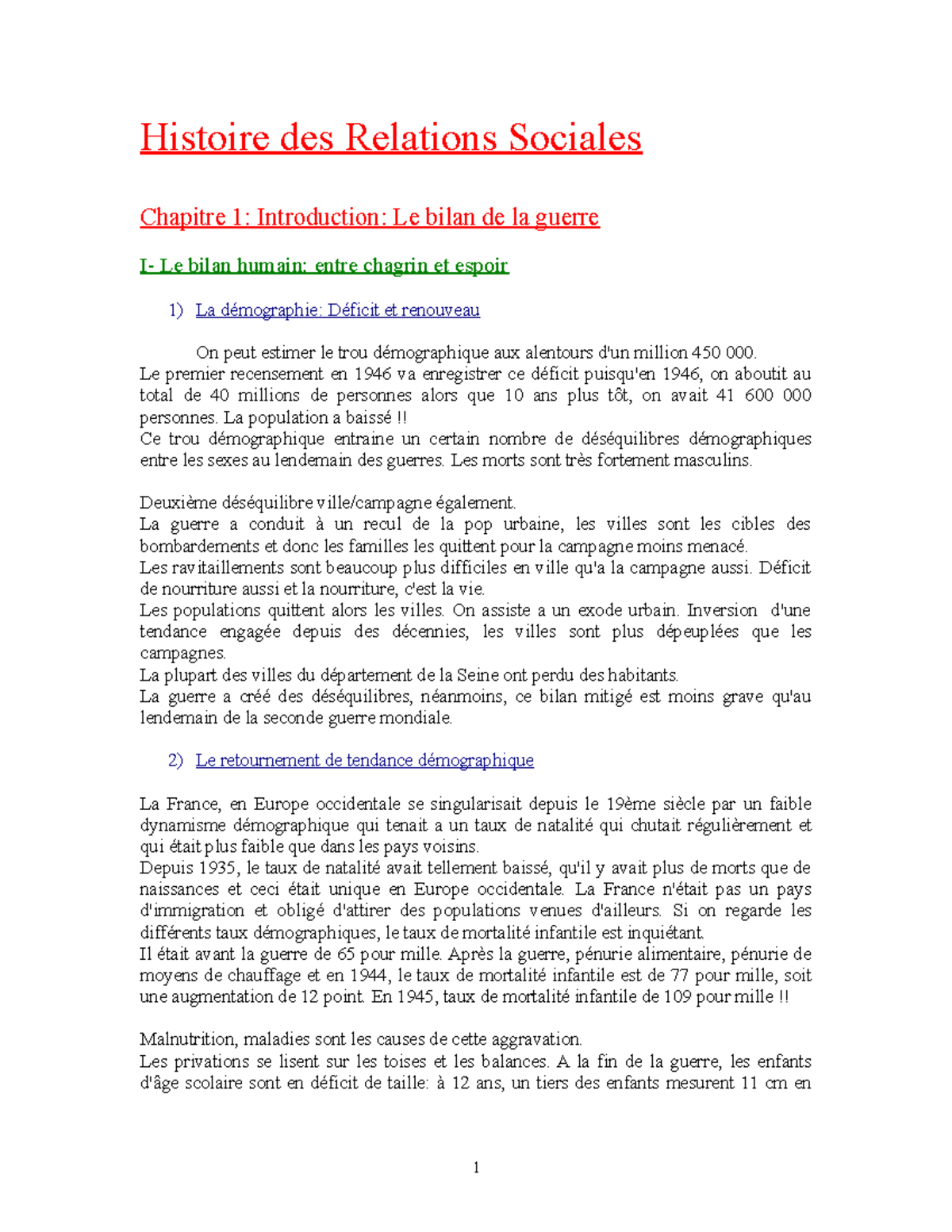 Histoire des Relations Sociales - Chapitre 1: Bilan de la Guerre et ...