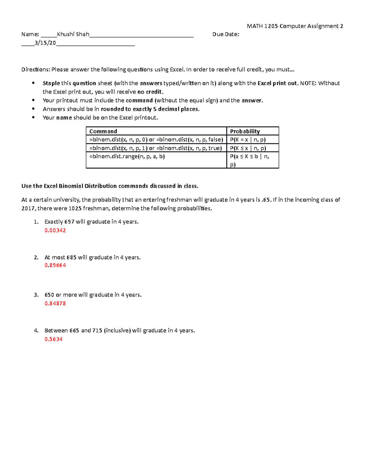 MATH 1205 Computer Assignment 2 - Chapter 9: Binomial Distribution ...