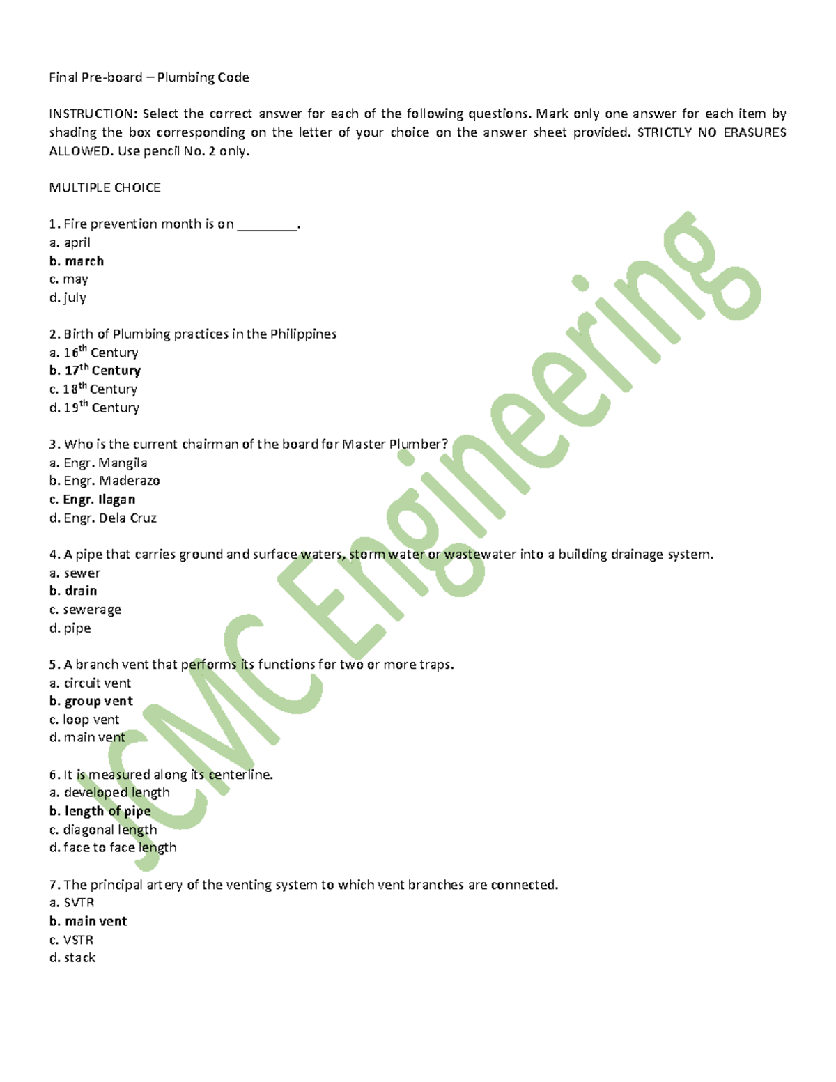 Final Pre-board - Plumbing Code Answers Key - Final Pre-board ...