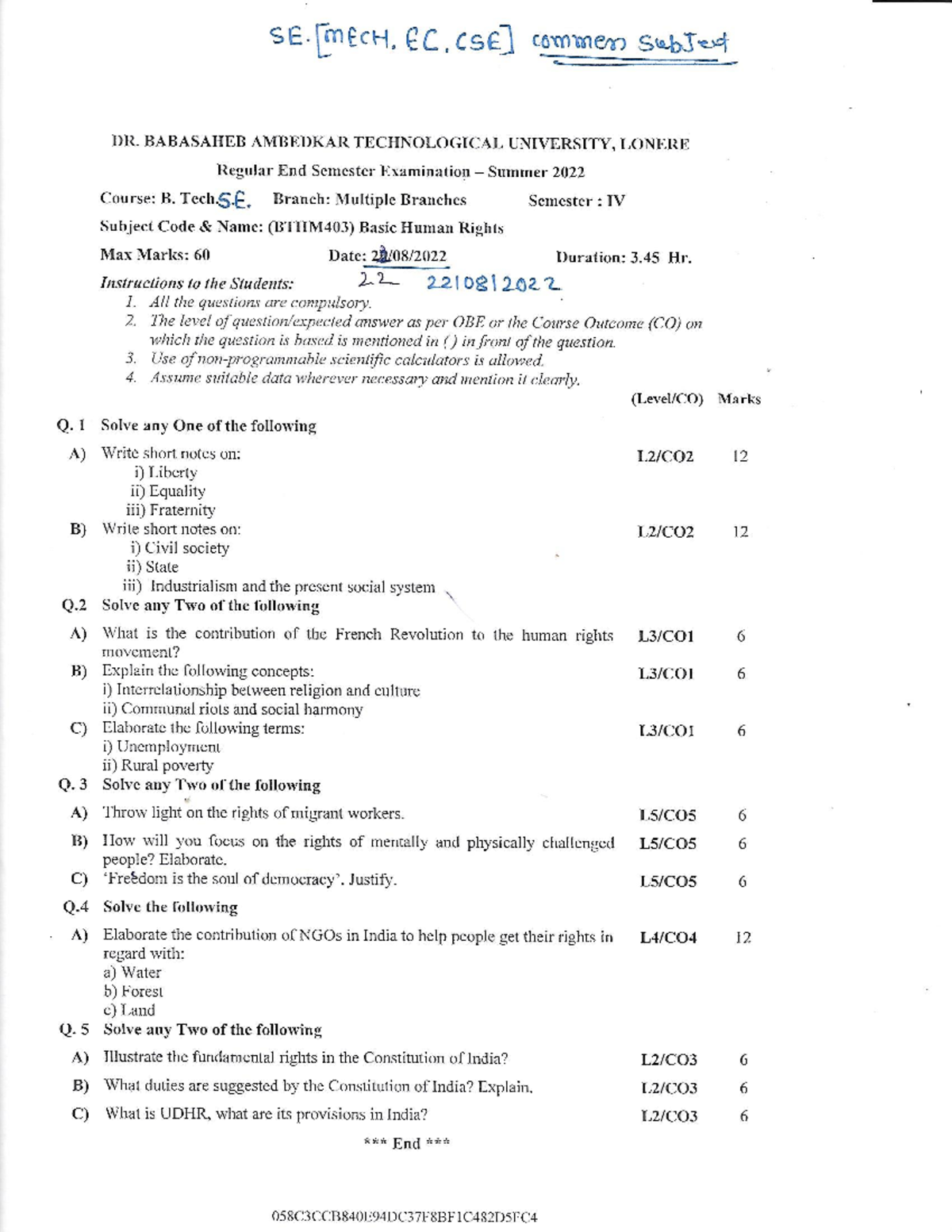 B. Tech S.E. (BTHM403) Basic Human Rights End Sem Exam Summer 2022 ...