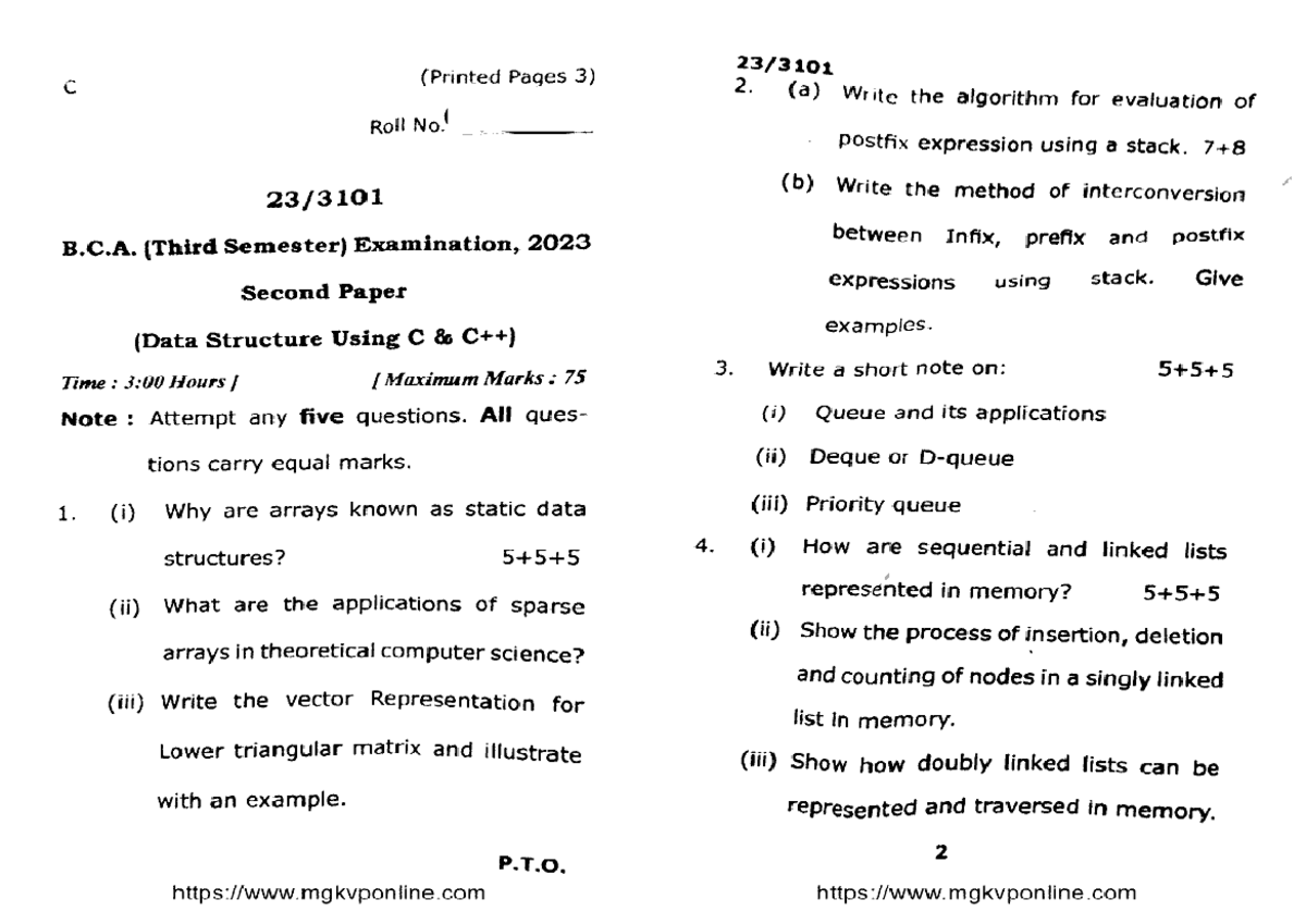 Bca 3 sem data structure using c and cpp 3101 2023 - C (Printed Pages 3 ...