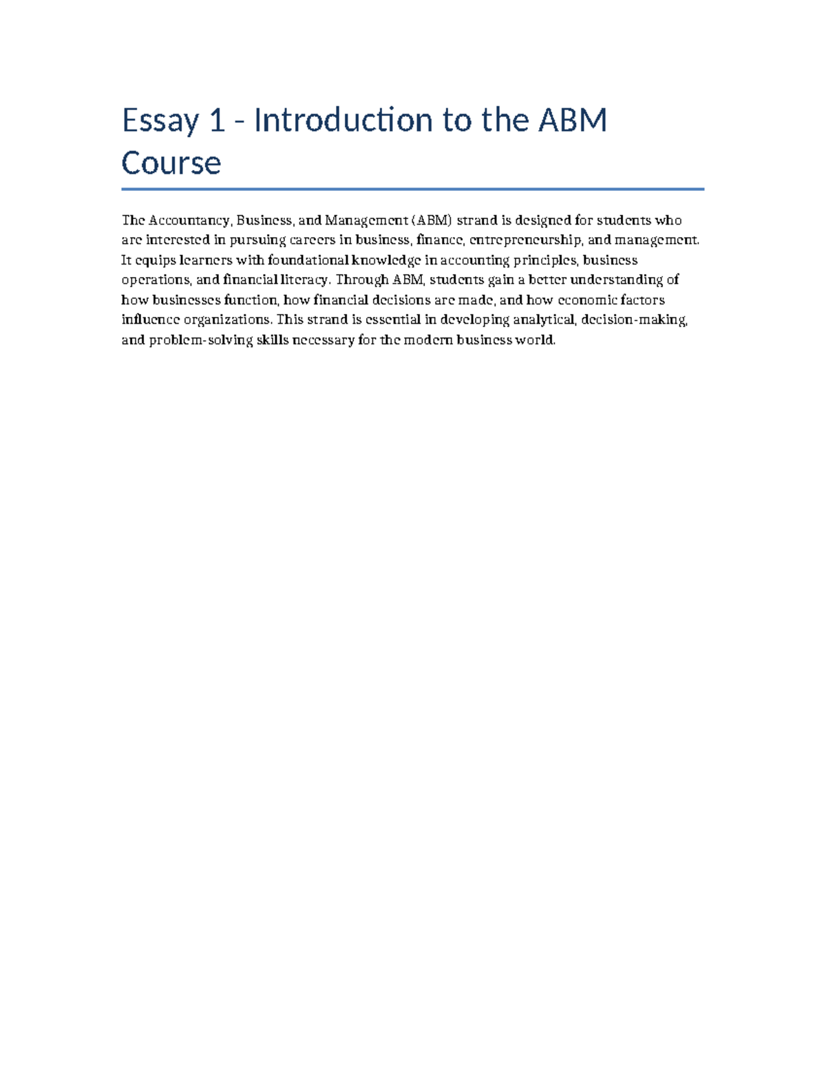 ABM Essay 1 - description of how abm helps students - Essay 1 ...