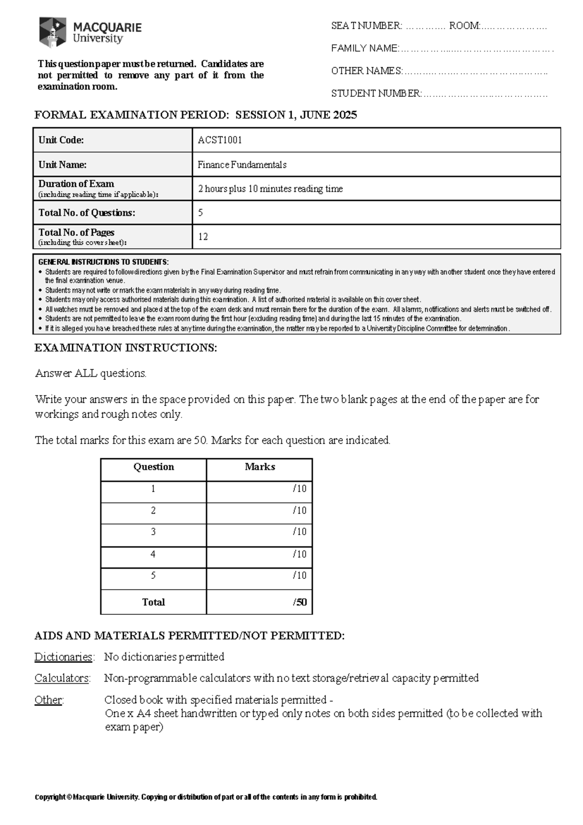 ACST1001 Finance Fundamentals Practice Final Exam Questions - Studocu