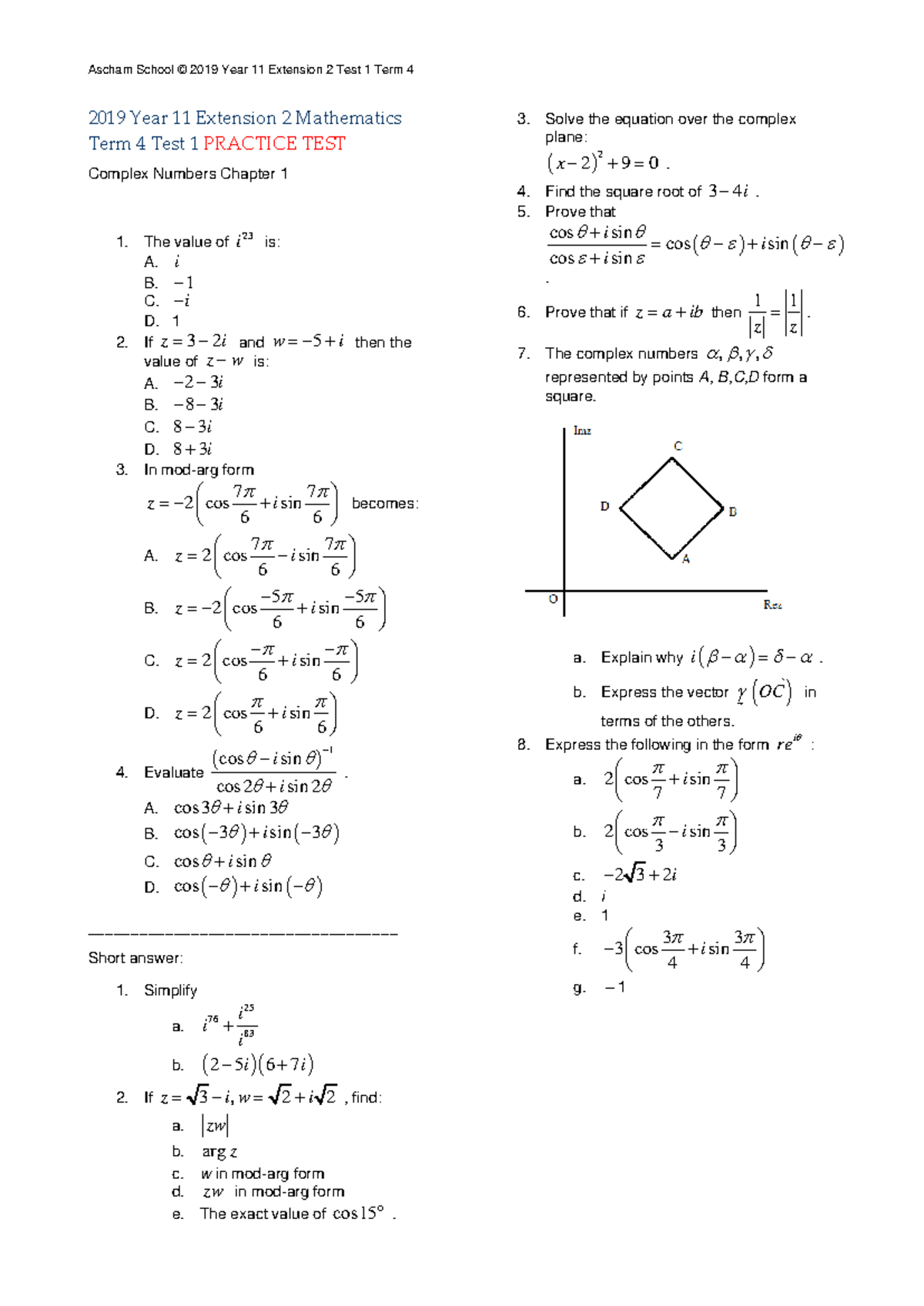 Ascham School Year 11 Ext 2 Math Term 4 Test 1 Practice on Complex ...