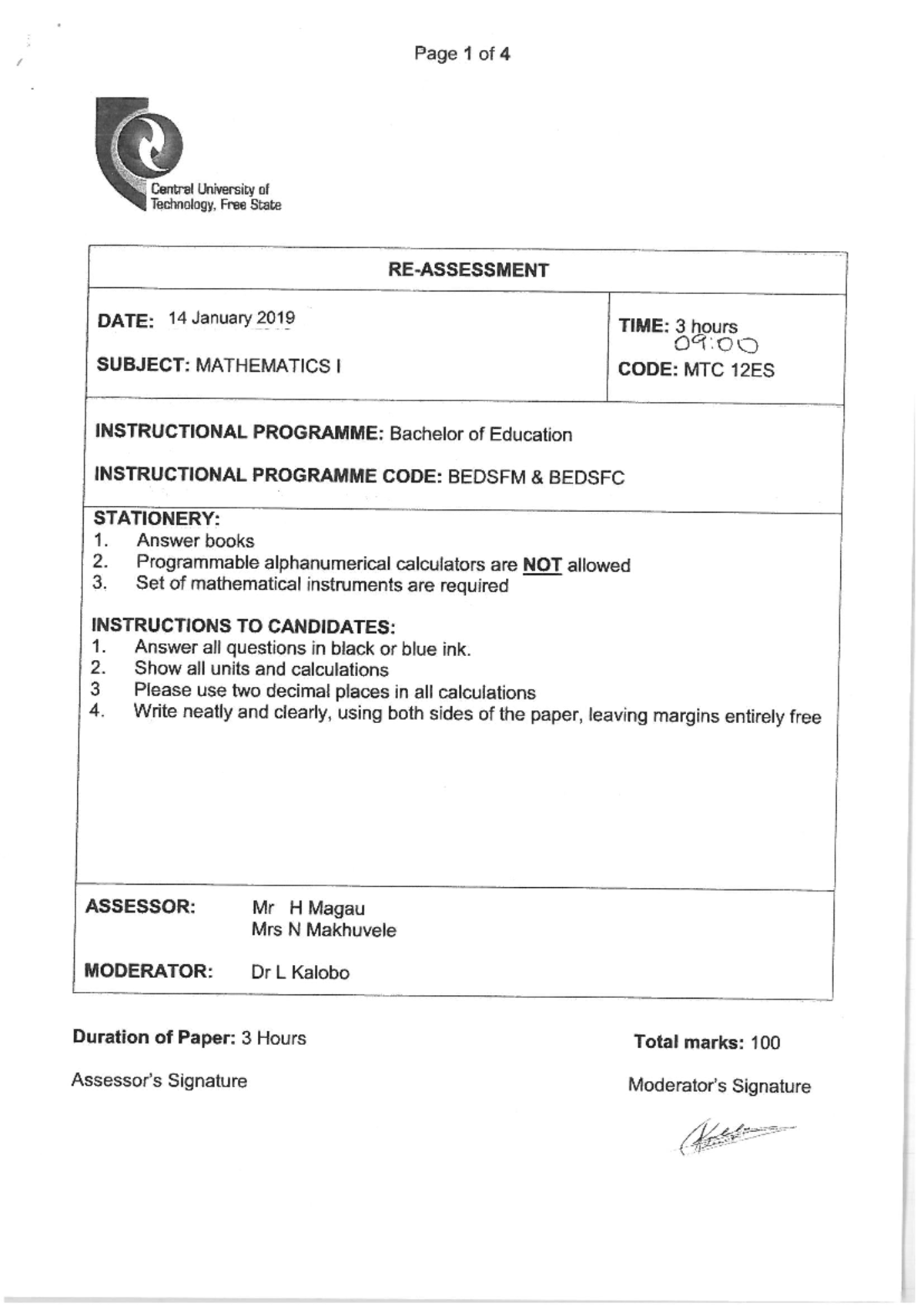 MTC12ES S2 2019 - Mathematics I Exam Practice Questions & Guidelines ...