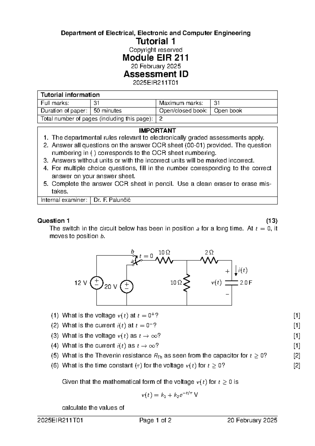 EIR 211 Tutorial 1: Circuit Analysis & Thevenin's Theorem - Studocu