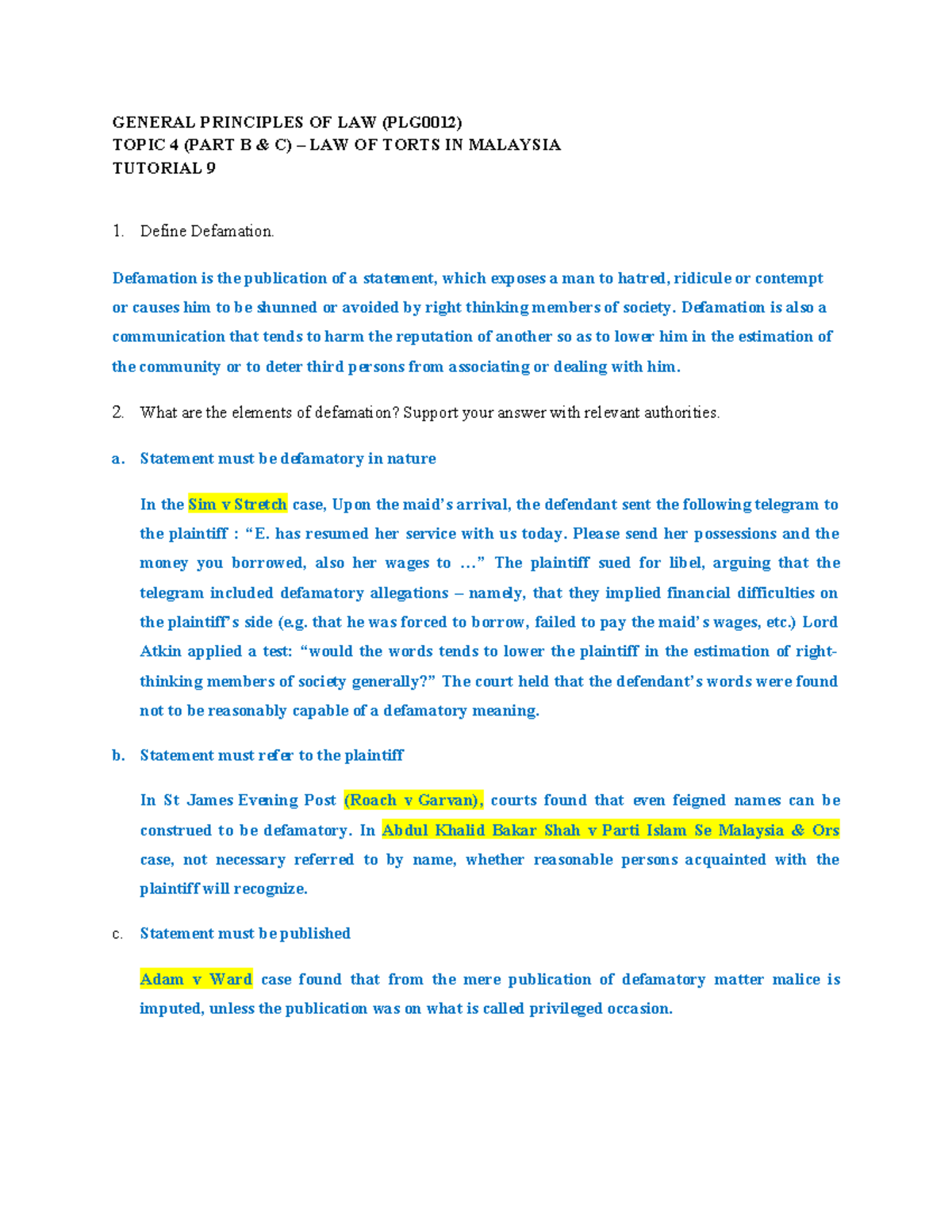 PLG0012 TUTORIAL 9: LAW OF TORTS - DEFAMATION & NEGLIGENCE - Studocu