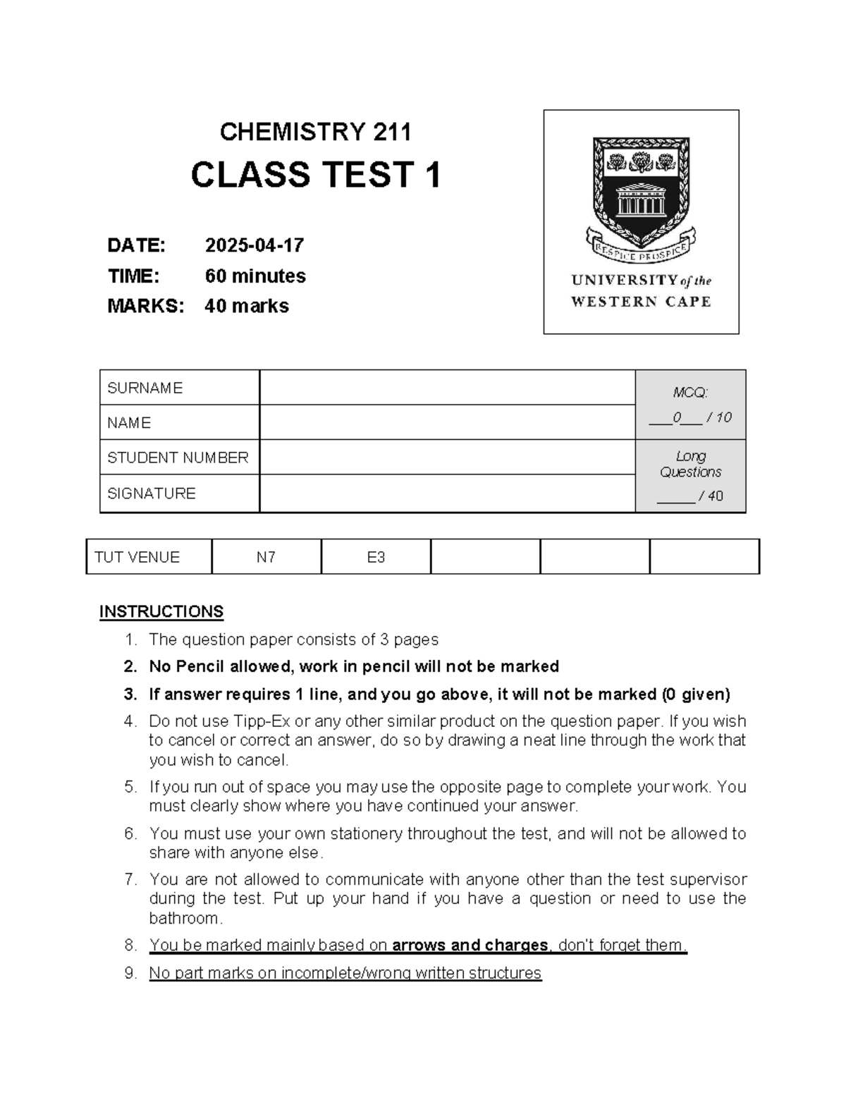 Test 1 Memo - CHE211 Chemistry 211 Class Test 1 Guidelines - Studocu