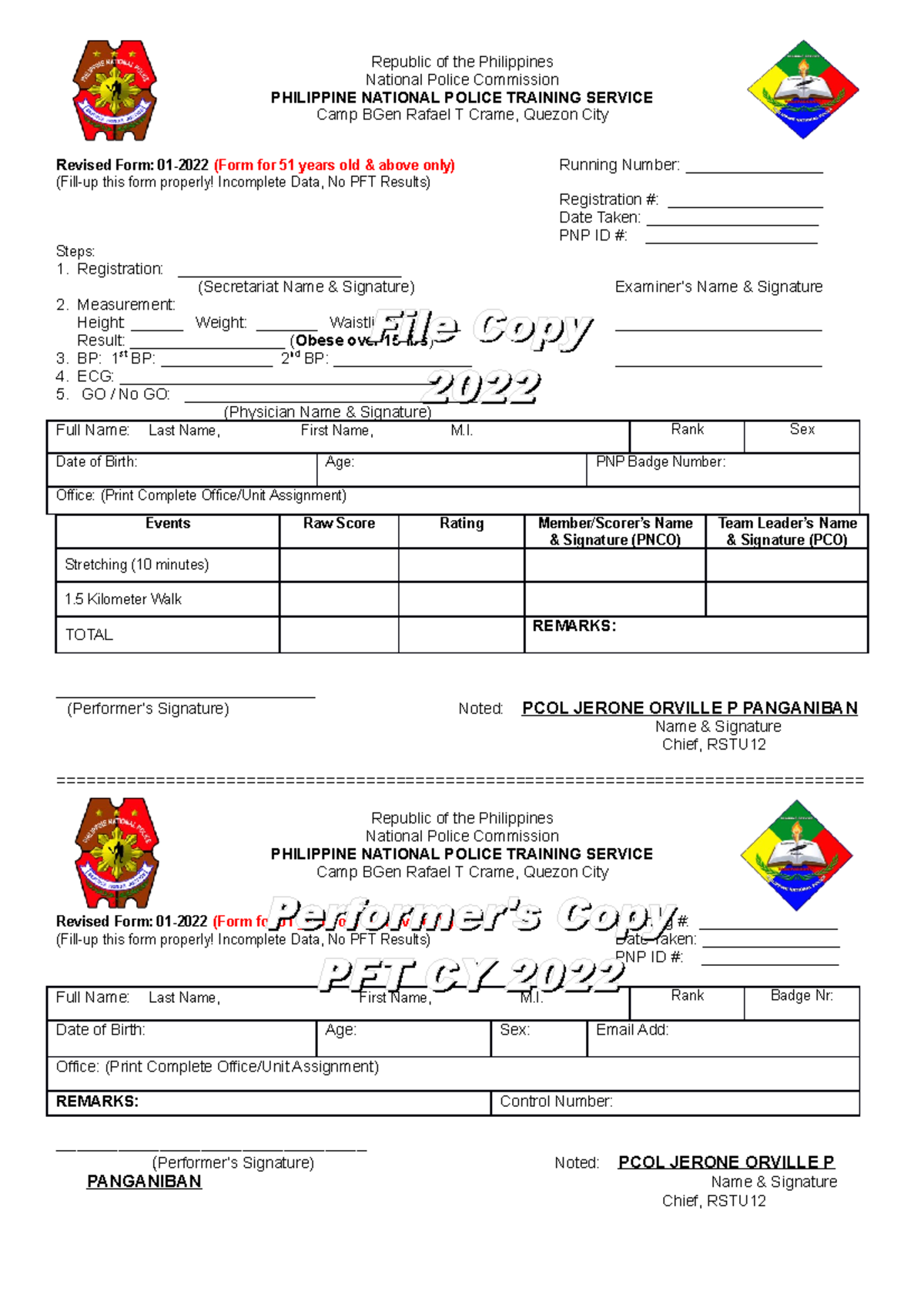 Revised PFT Form for 51+ Year-Olds - Philippine National Police 2022 ...