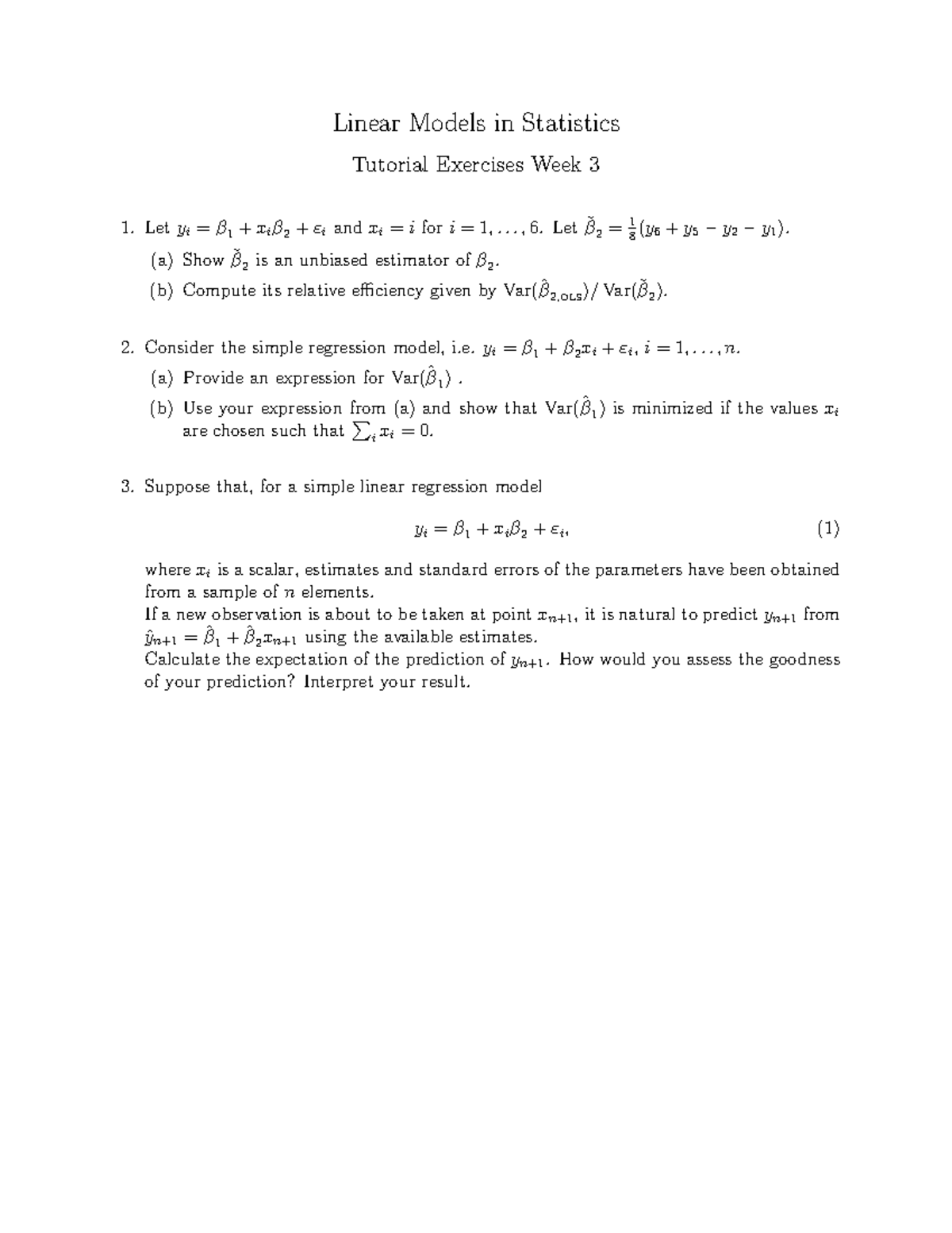 LM W3 TT - Linear Models Tutorial Exercises on Estimation Techniques ...