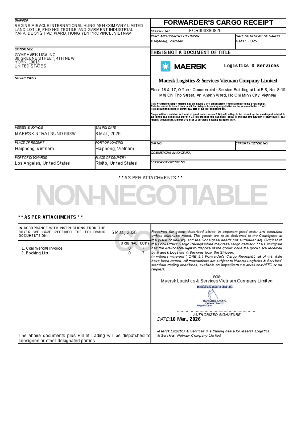 Cargo Receipt FCR000890820 - Maersk Logistics Services, Vietnam - Studocu