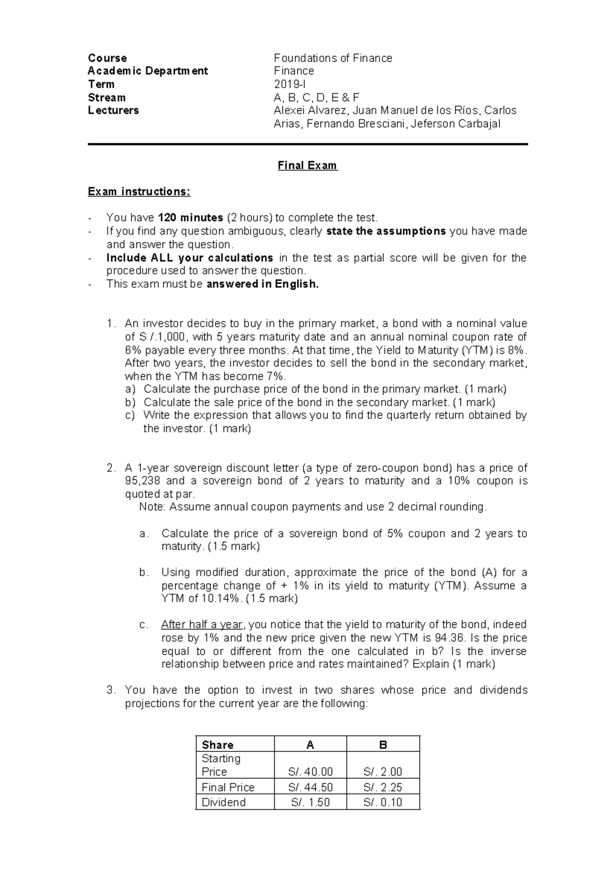 Foundations of Finance (FIN 2019-I) Final Exam Study Guide - Studocu