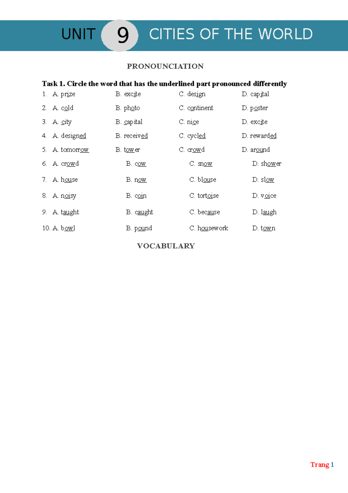 Unit 9 Cities of the World Pronunciation Practice - Task Exercises ...