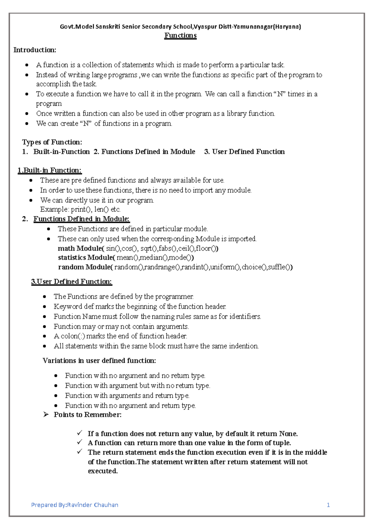 Functions - Notes and MCQs for Class 12 CS (Code: CS-12) - Studocu