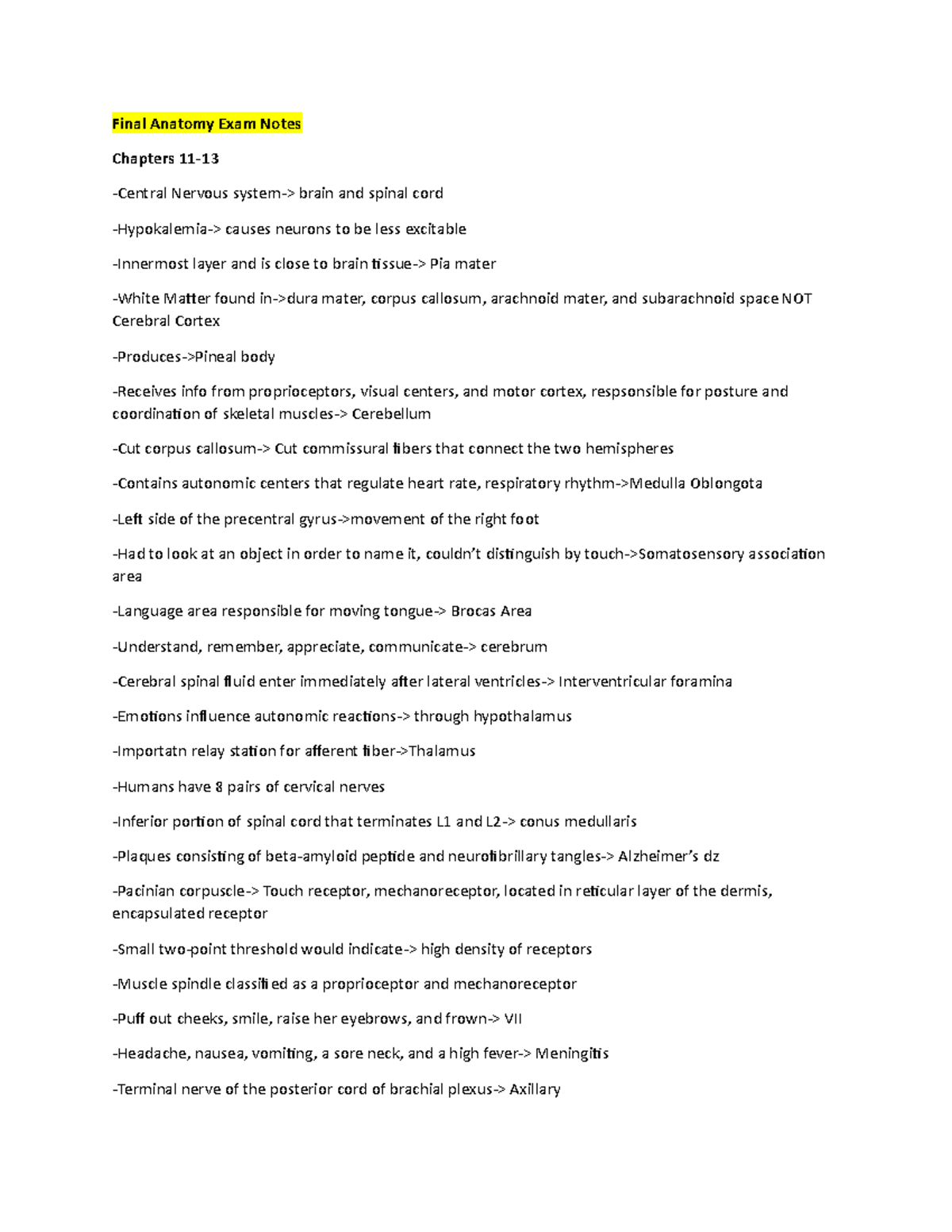 Final Exam Notes for Anatomy (ANAT 101): CNS & Endocrine Systems - Studocu