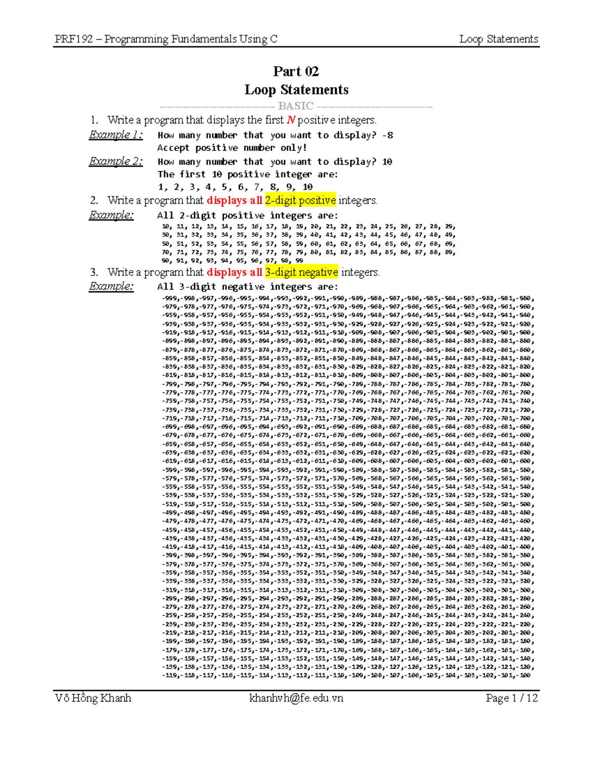 PRF192 Programming Fundamentals: Loop Statements & Examples - Studocu