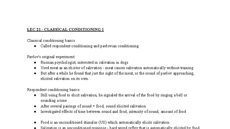 LEC 21 - Basics of Classical Conditioning and Respondent Learning - Studocu
