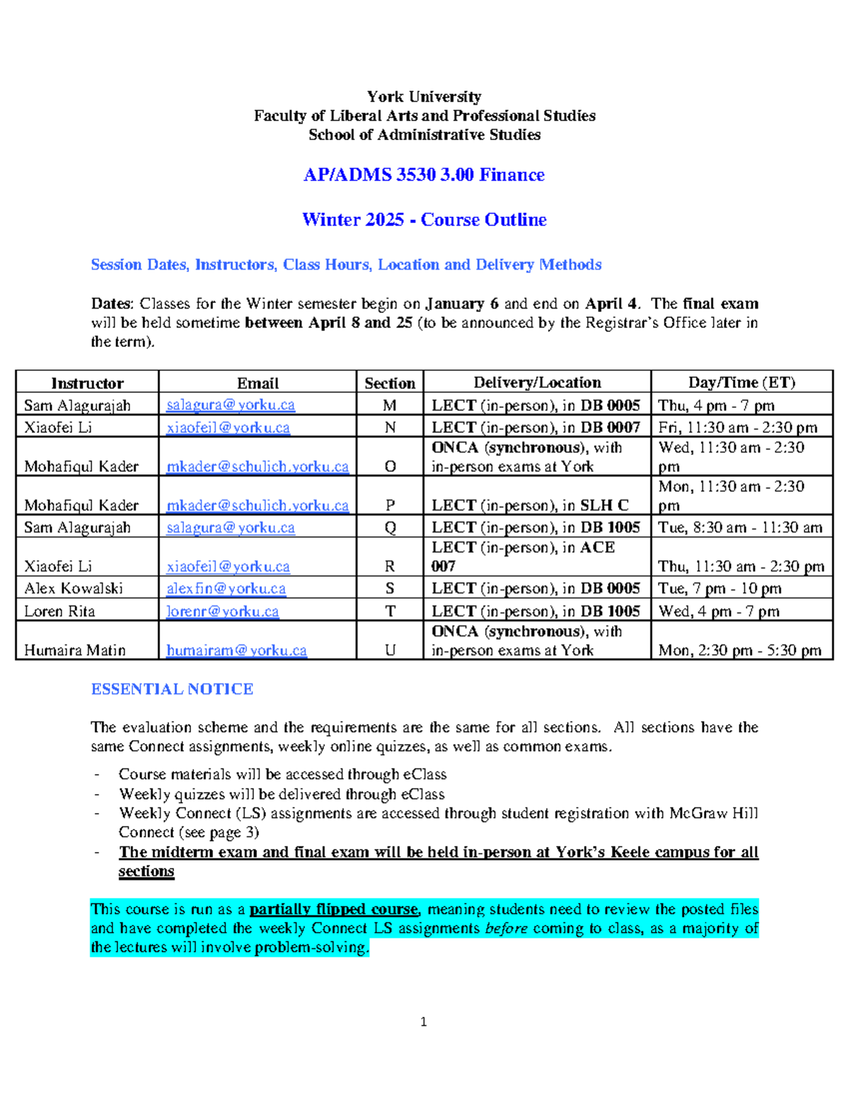 ADMS 3530 Winter 2025 Finance Course Outline & Schedule - Studocu