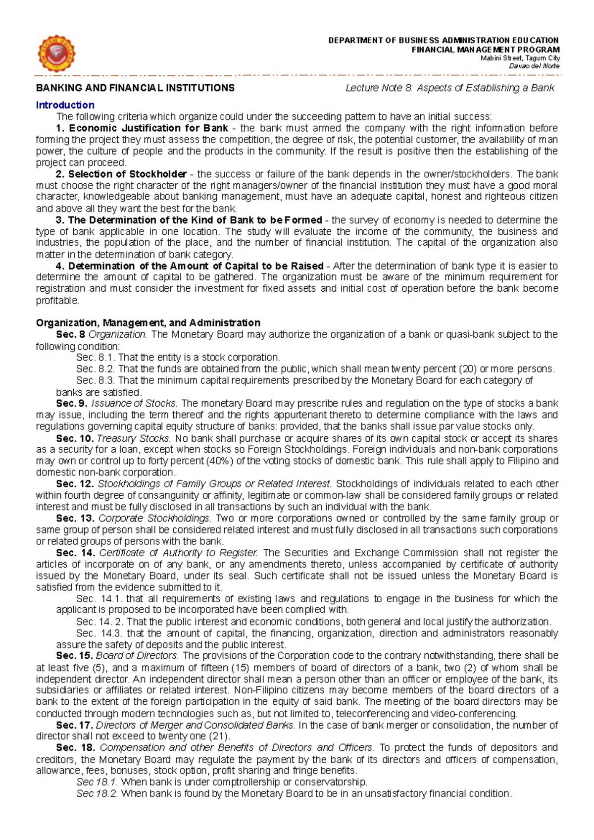 BFI Lecture Note 8 - n/a - DEPARTMENT OF BUSINESS ADMINISTRATION ...