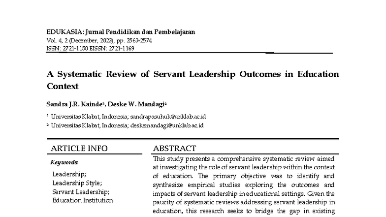A Systematic Review of Servant Leadership Outcomes in Education (EDU ...