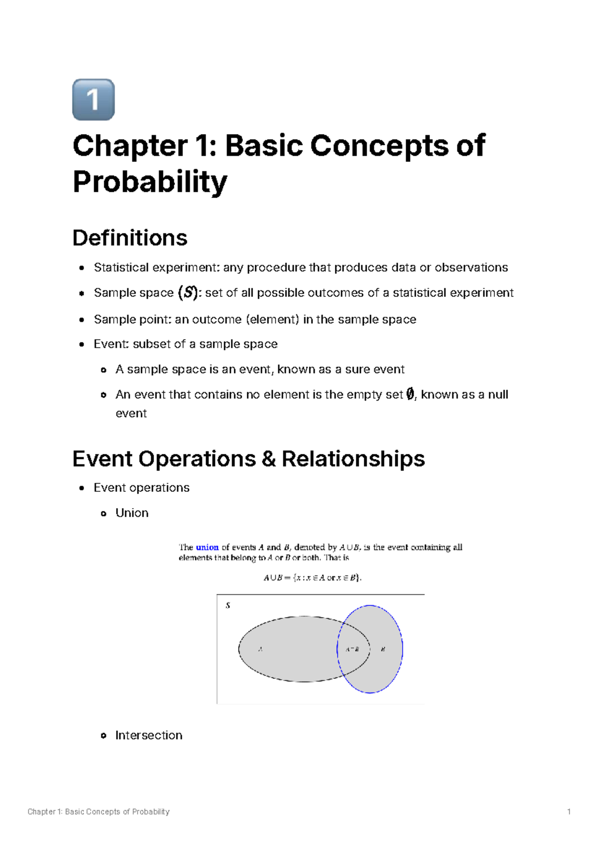 Chapter 1 Summary: Basic Concepts of Probability & Statistics - Studocu
