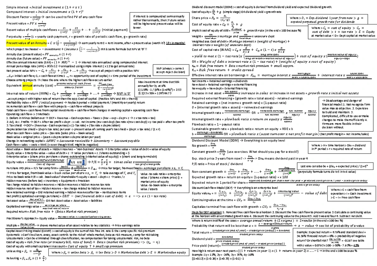 Corporate Finance Cheat Sheet Exam 2 - Summary Notes - Studocu