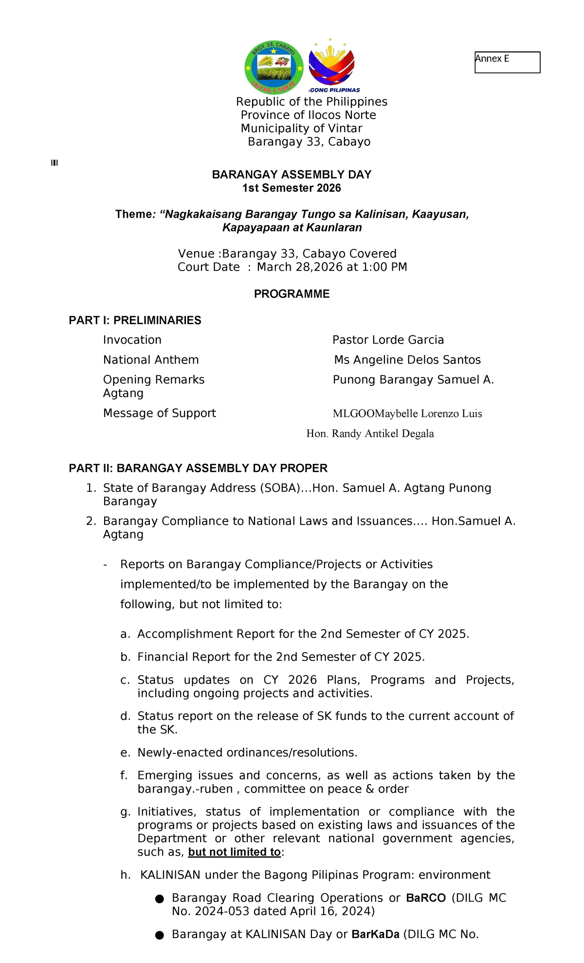 Annex E: Barangay Assembly Programme - 1st Sem 2026 - Studocu