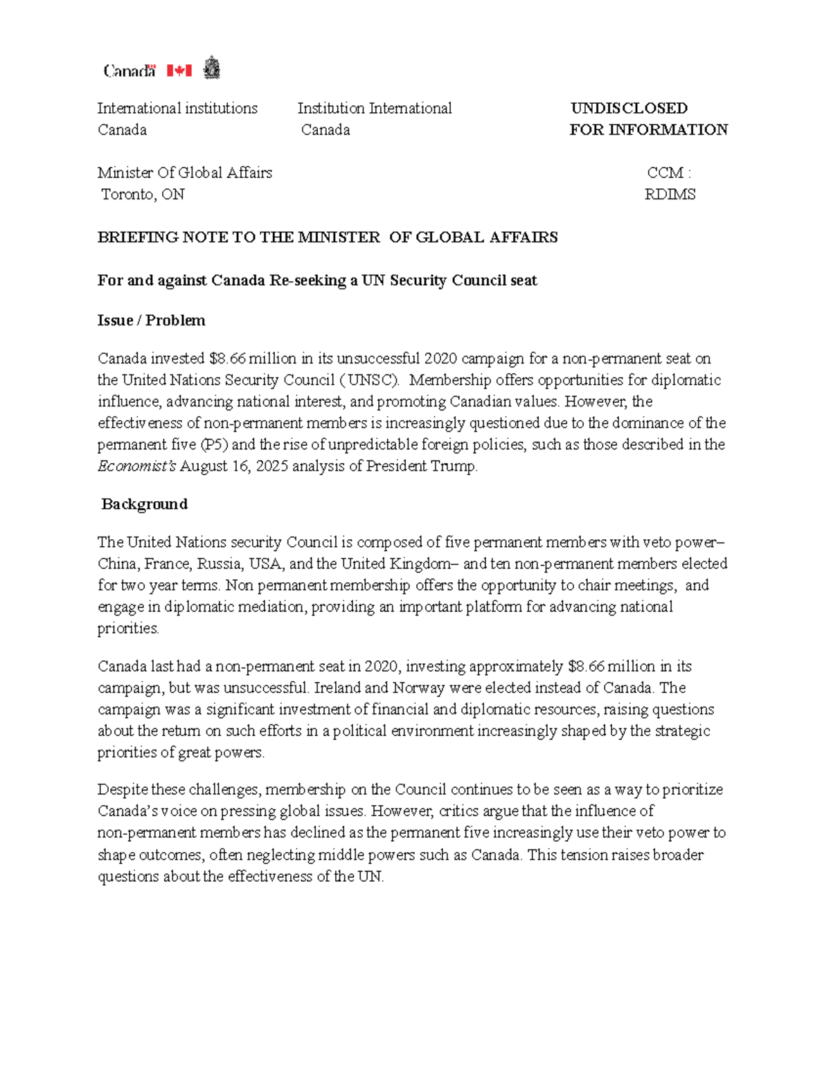 Econ 319 - Briefing Note on Canada's UNSC Membership Efforts - Studocu