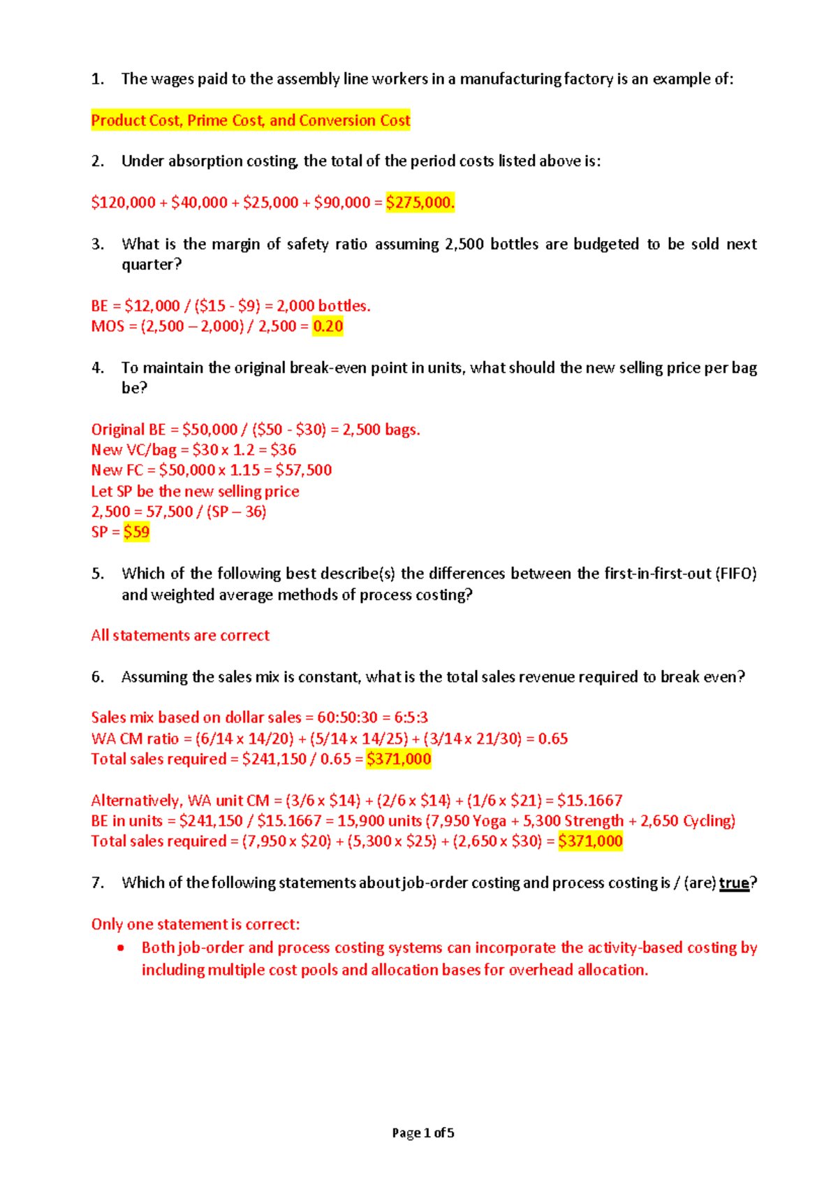 Midterm exam answers for cost accounting (ACC 101) - Studocu