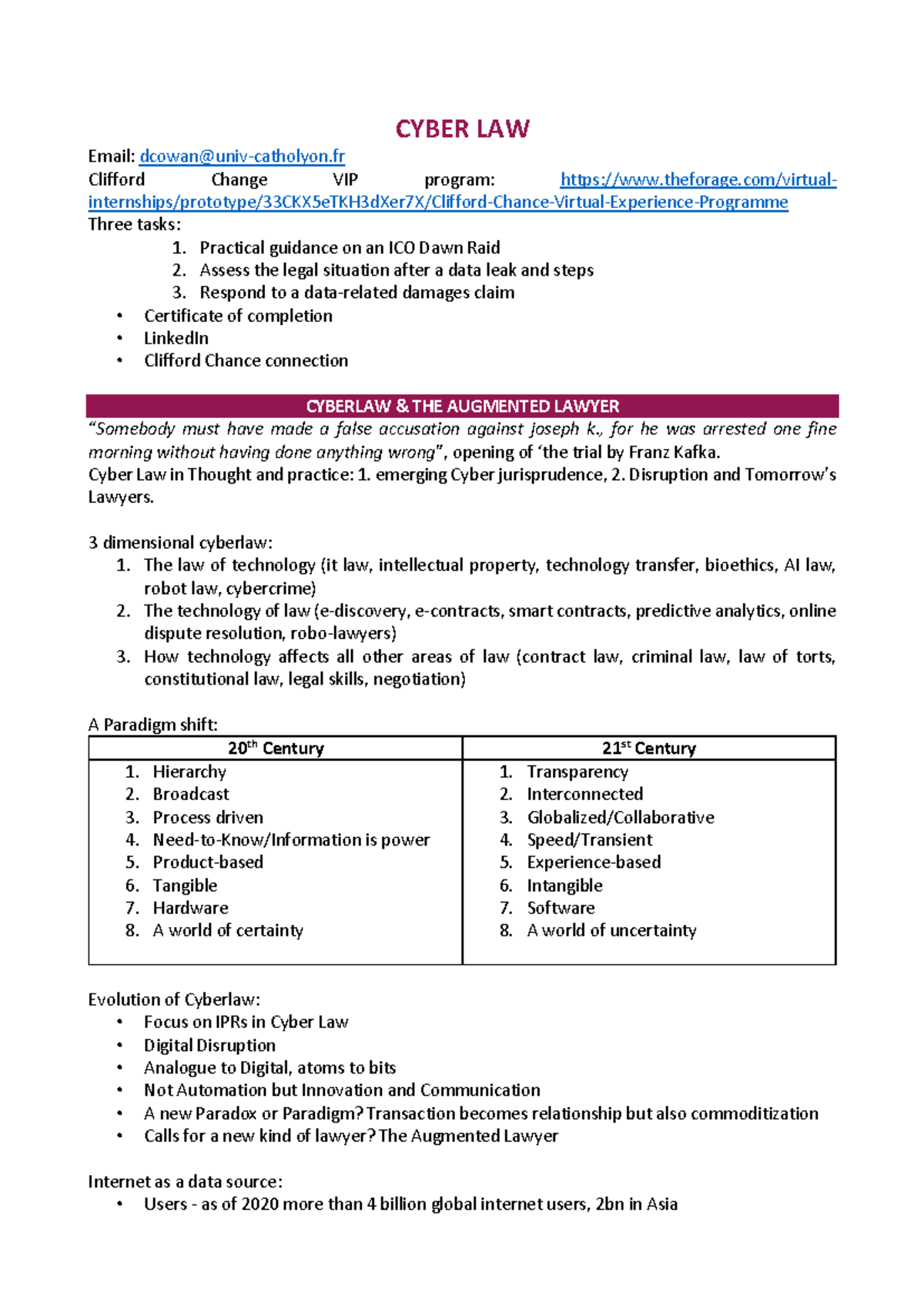 Cyber LAW - notes de cours, suffisantes pour réussir l'examen - CYBER ...