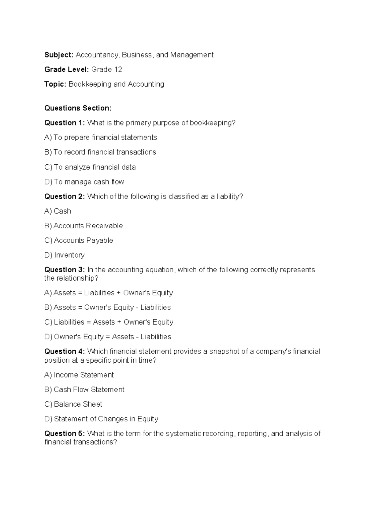 Quiz: Bookkeeping & Accounting Questions - Grade 12 (ABM) - Studocu