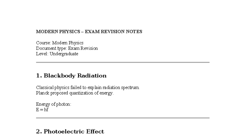 MODERN PHYSICS EXAM REVISION NOTES - UNDERGRADUATE - Studocu