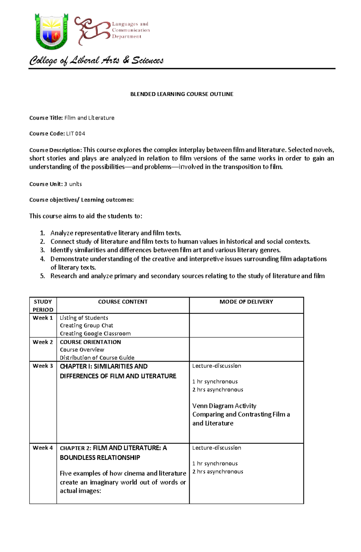 LIT 004: Film and Literature Course Guide with Unit Breakdown - Studocu