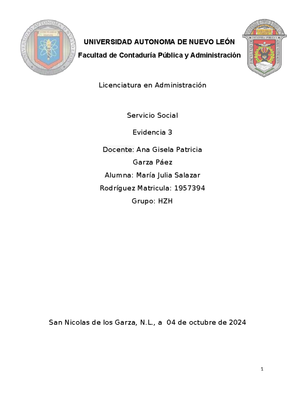 EV3 SS - Evidencia de servicio social - UNIVERSIDAD AUTONOMA DE NUEVO ...