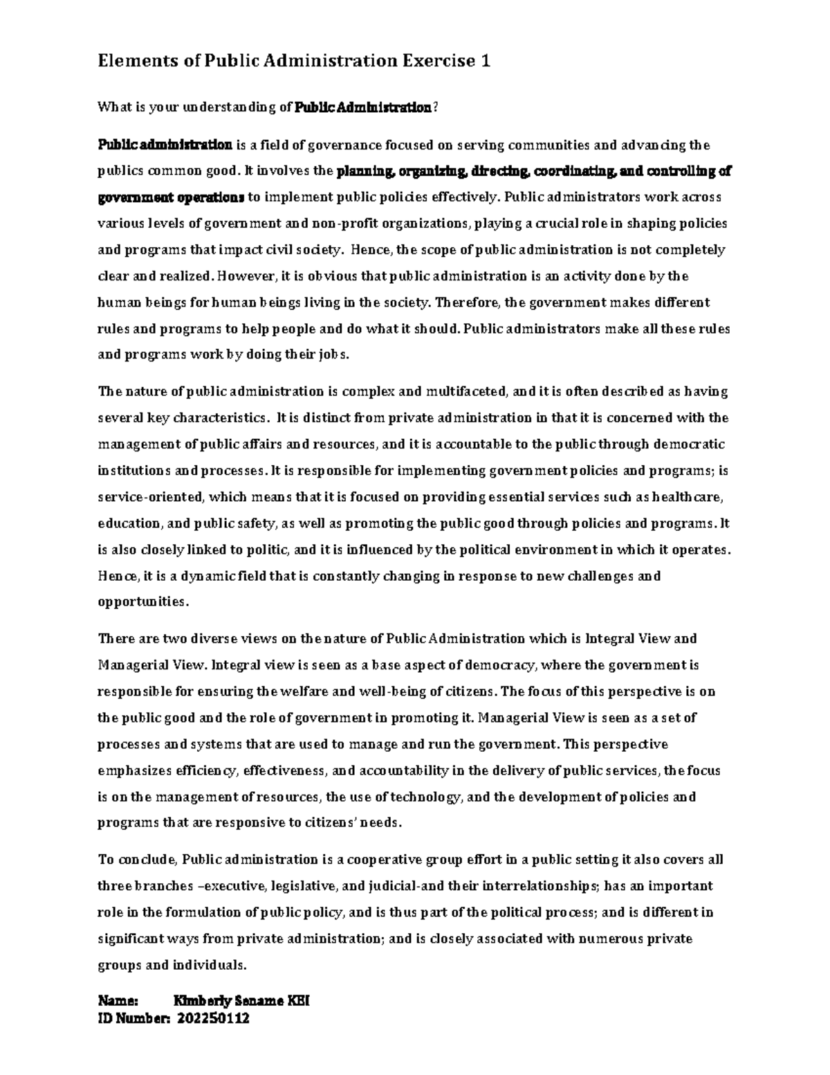 Week 2 Exercise - Notes - Elements of Public Administration Exercise 1 ...