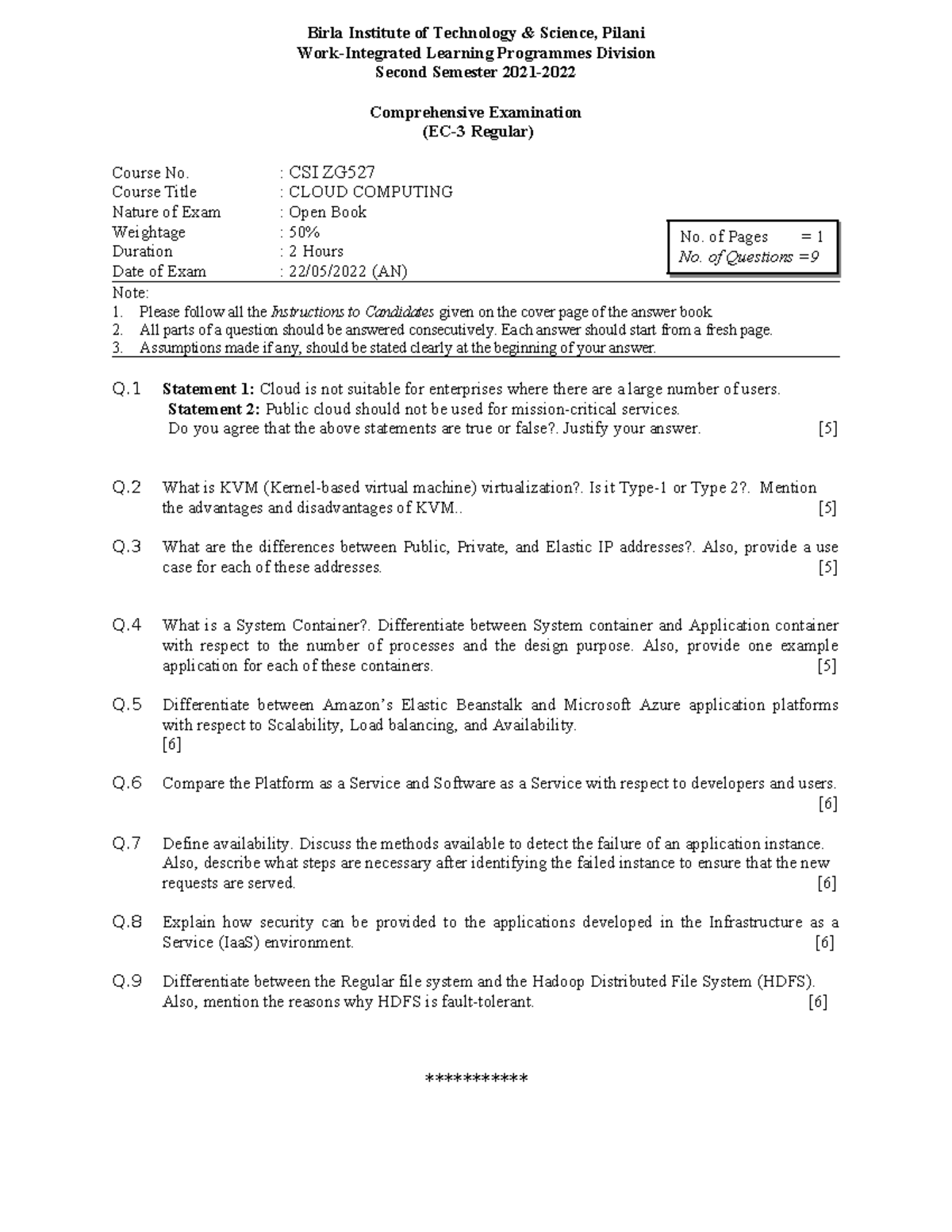 CSI ZG527 Cloud Computing Second Sem 2021-2022 Comprehensive Exam - Studocu