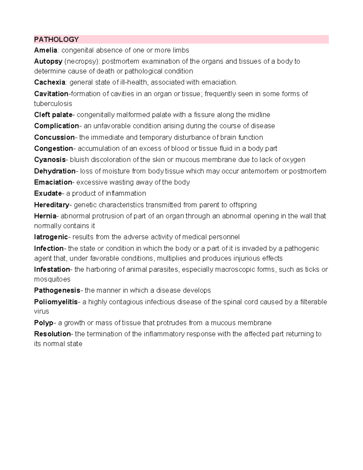 PATHOLOGY 101: General Concepts and Disease Definitions - Studocu