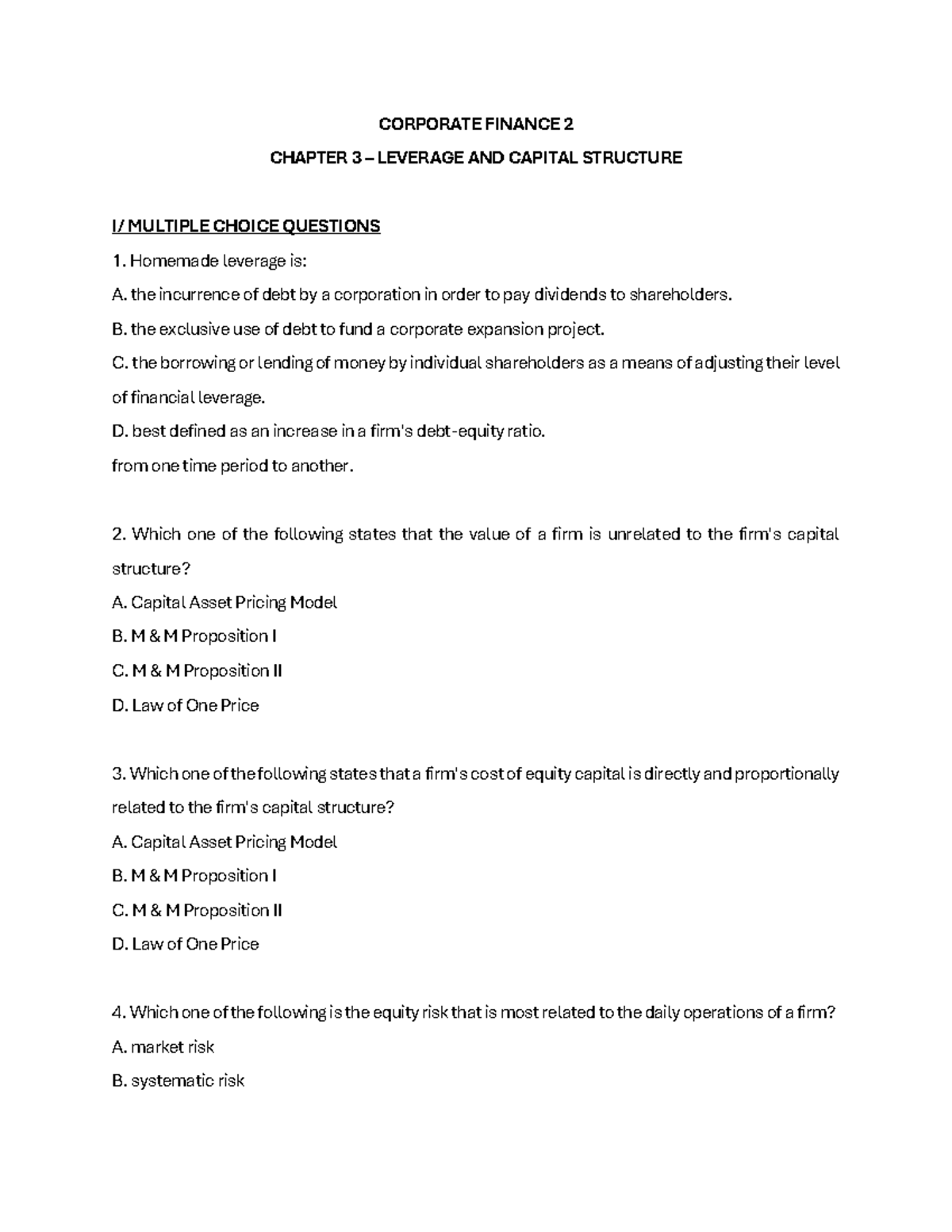 CORPORATE FINANCE 2 CHAPTER 3 LEVERAGE MCQ REVIEW - Studocu