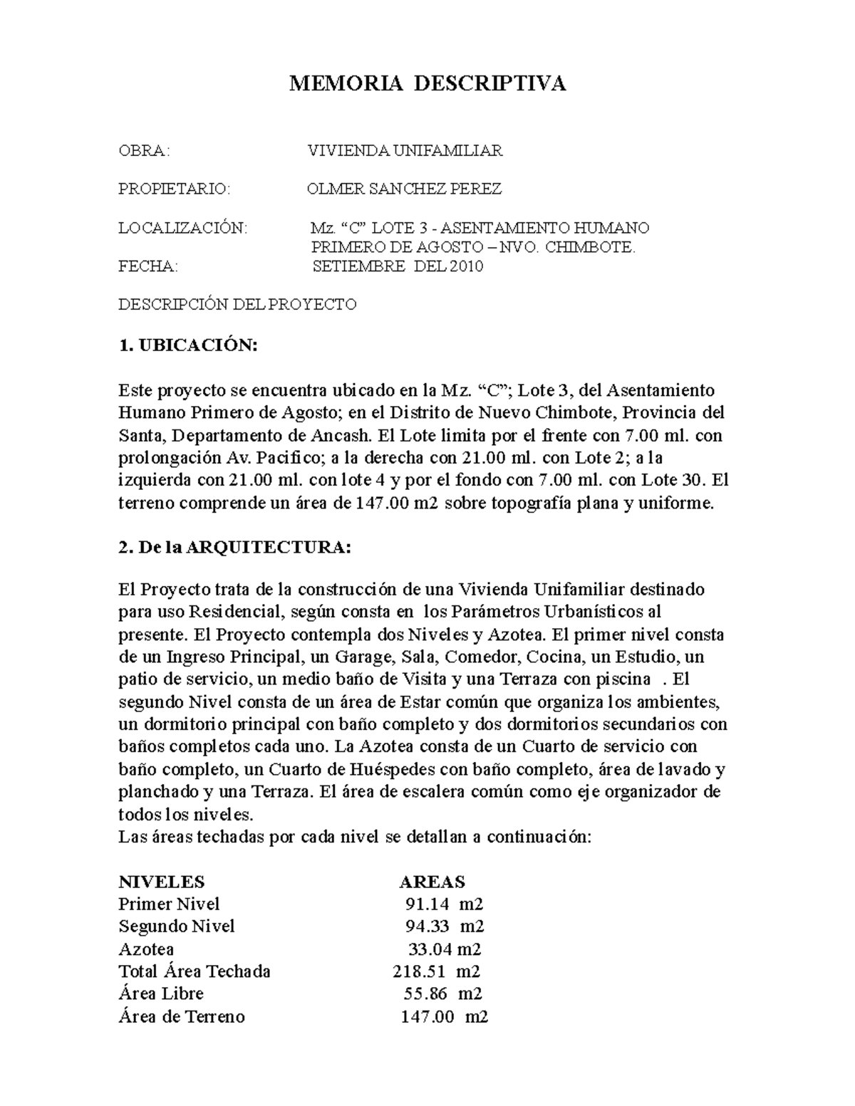 Memoria Descriptiva del Proyecto Vivienda Unifamiliar - 2010 - Studocu